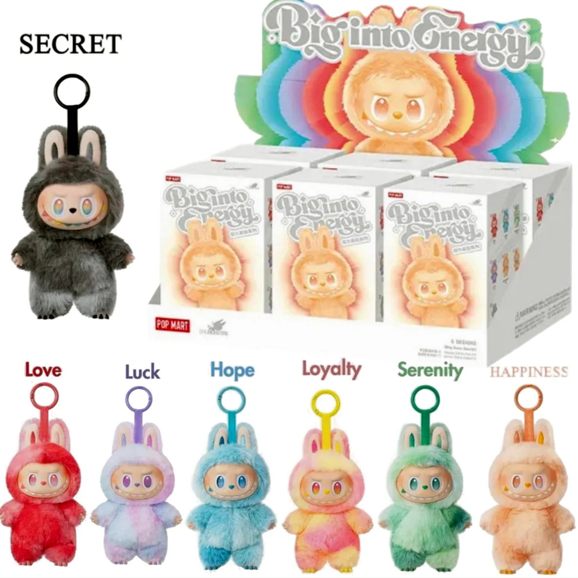 Plush toys in various colors with packaging and branding elements.