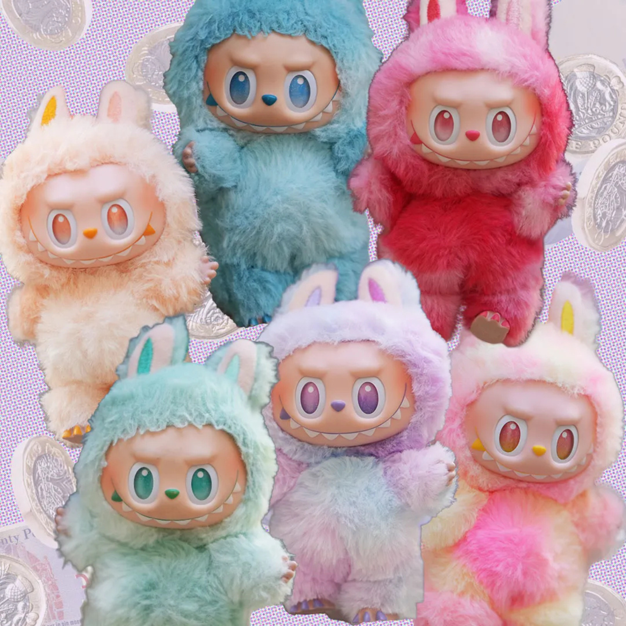 Colorful plush toys with bunny ears on a patterned background