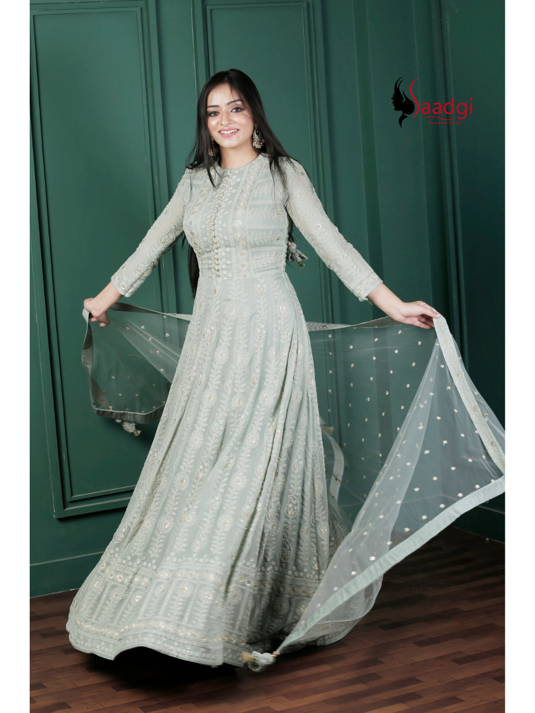 Saadgi Pure Georgette Fern Green Chikankari with Sequin Zari