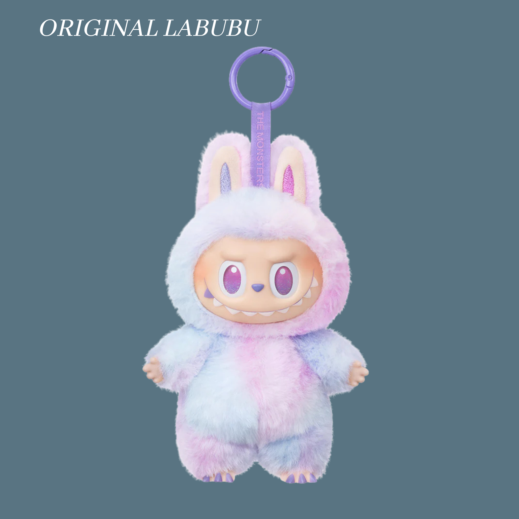 Plush toy with a purple ring on a blue background, labeled 'ORIGINAL LABUBU'.