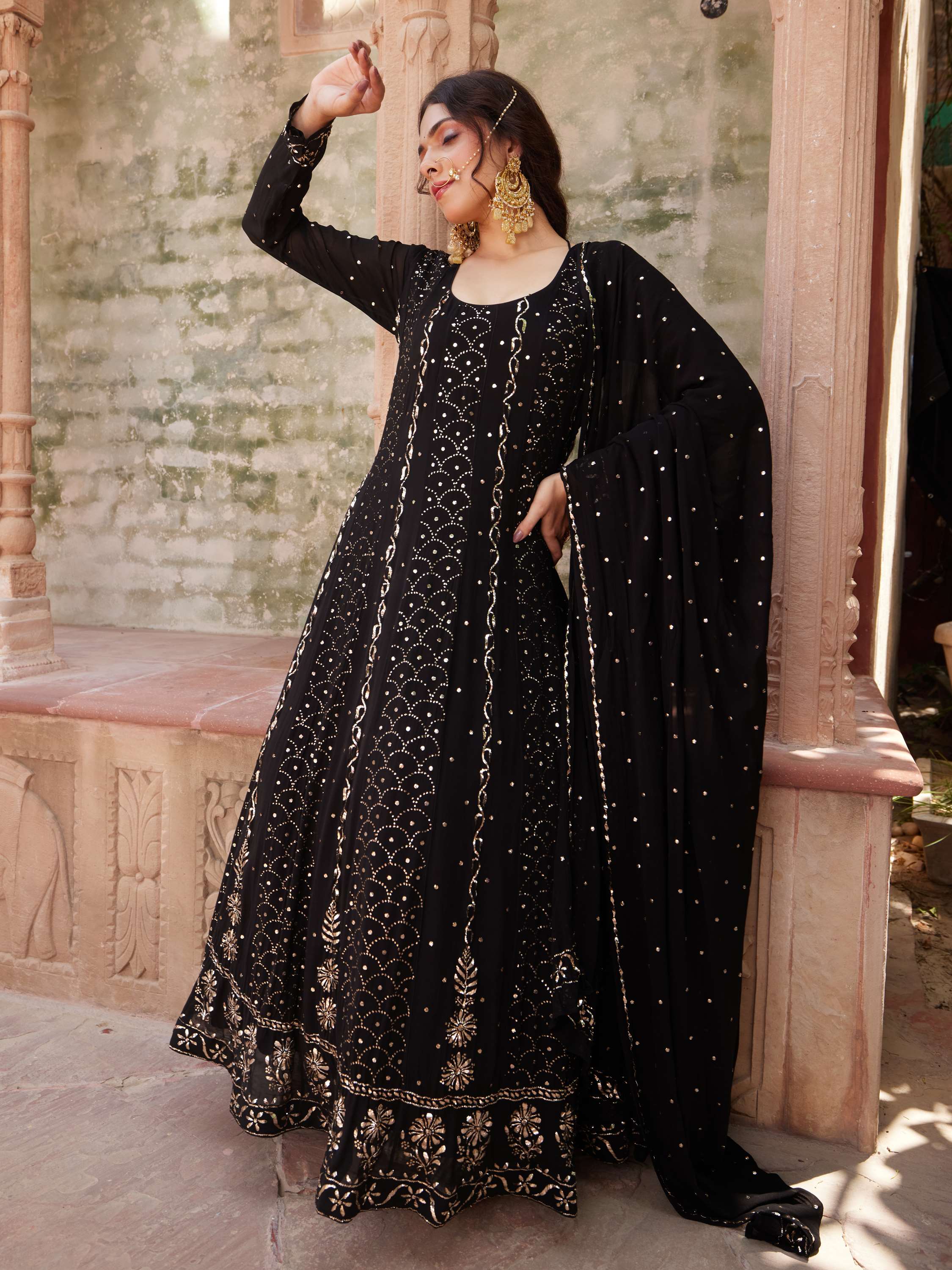 Black Handcrafted Badla Kamdani Chikan Anarkali Suit