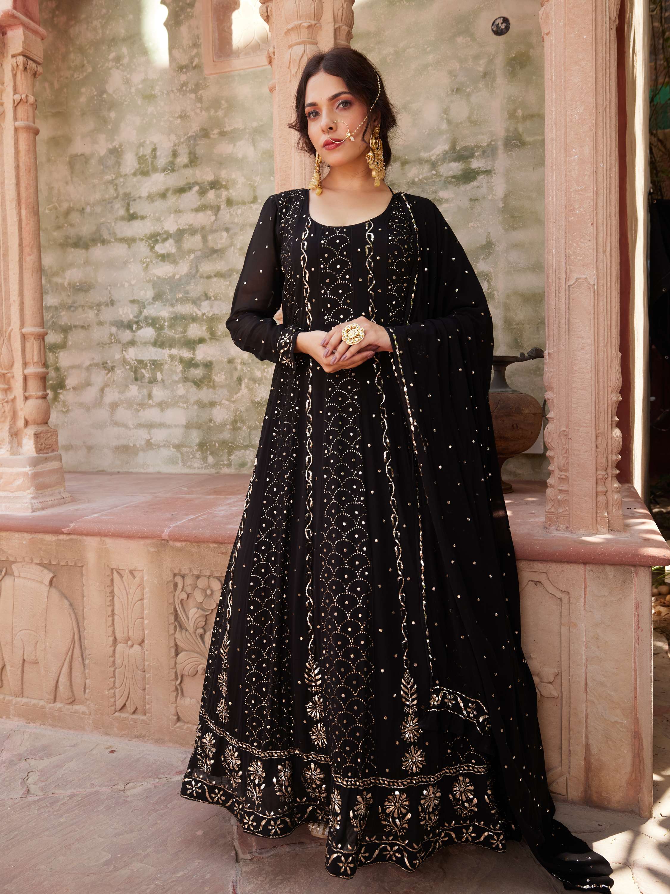 Black Handcrafted Badla Kamdani Chikan Anarkali Suit