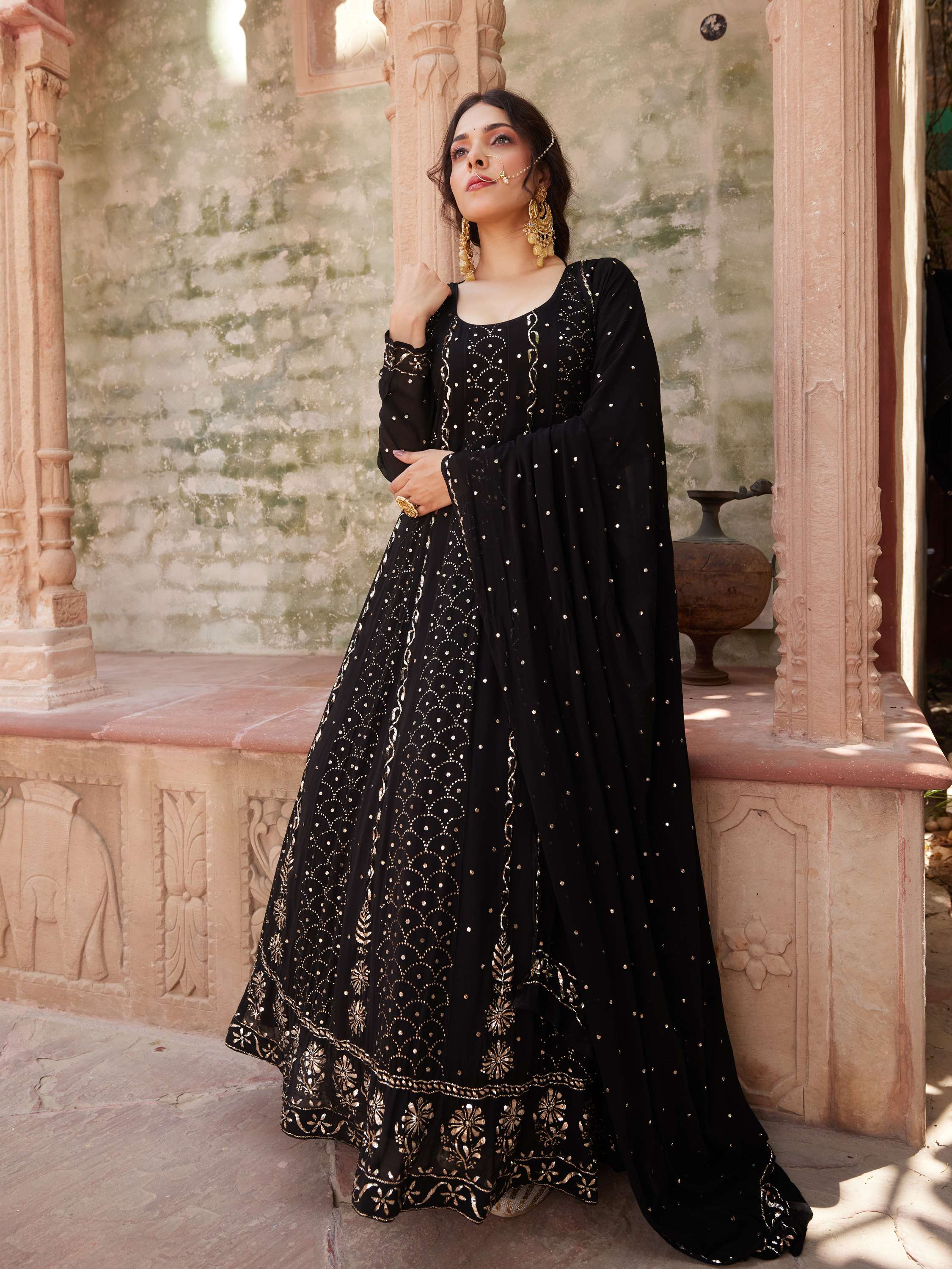 Black Handcrafted Badla Kamdani Chikan Anarkali Suit