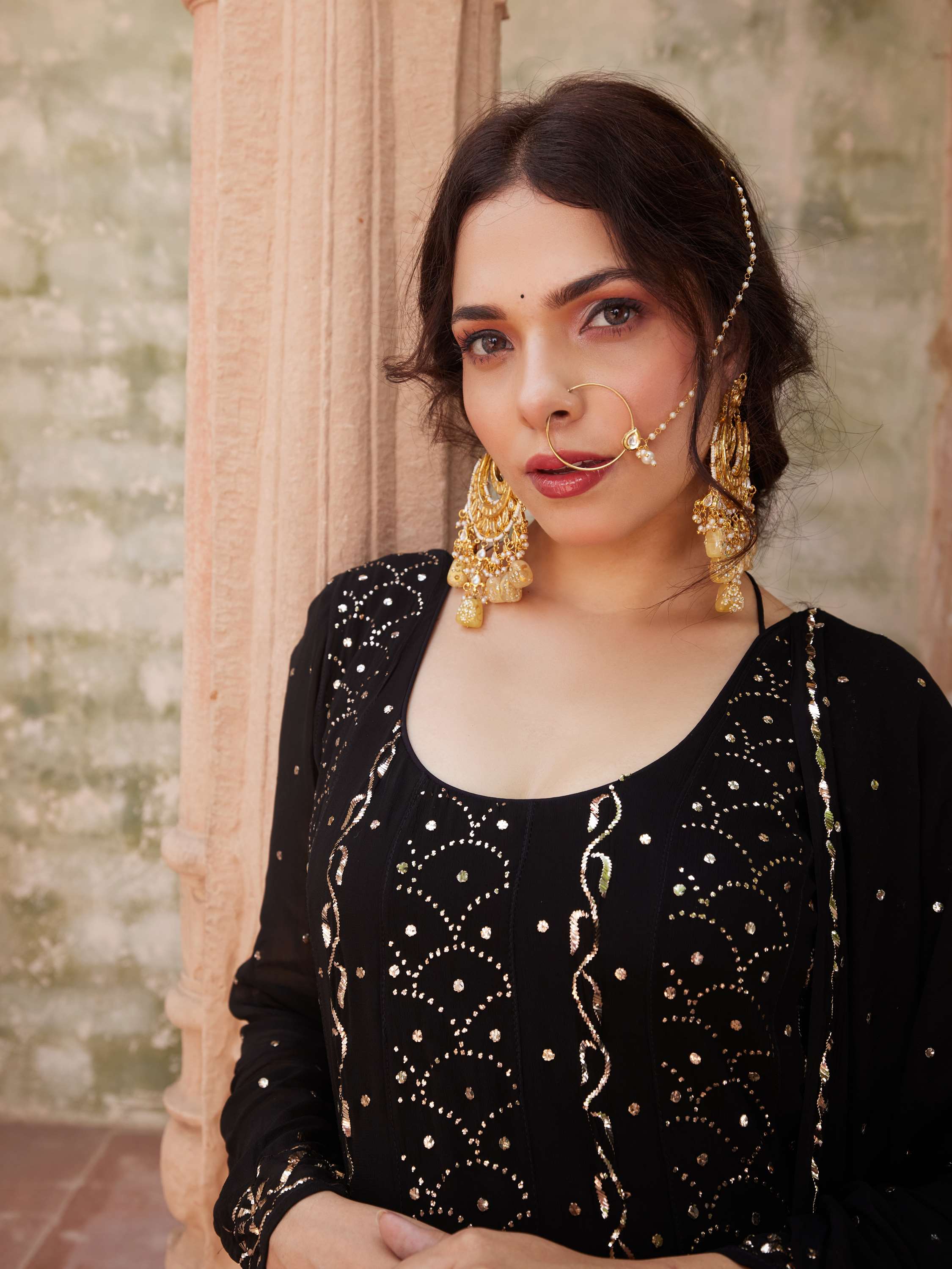 Black Handcrafted Badla Kamdani Chikan Anarkali Suit