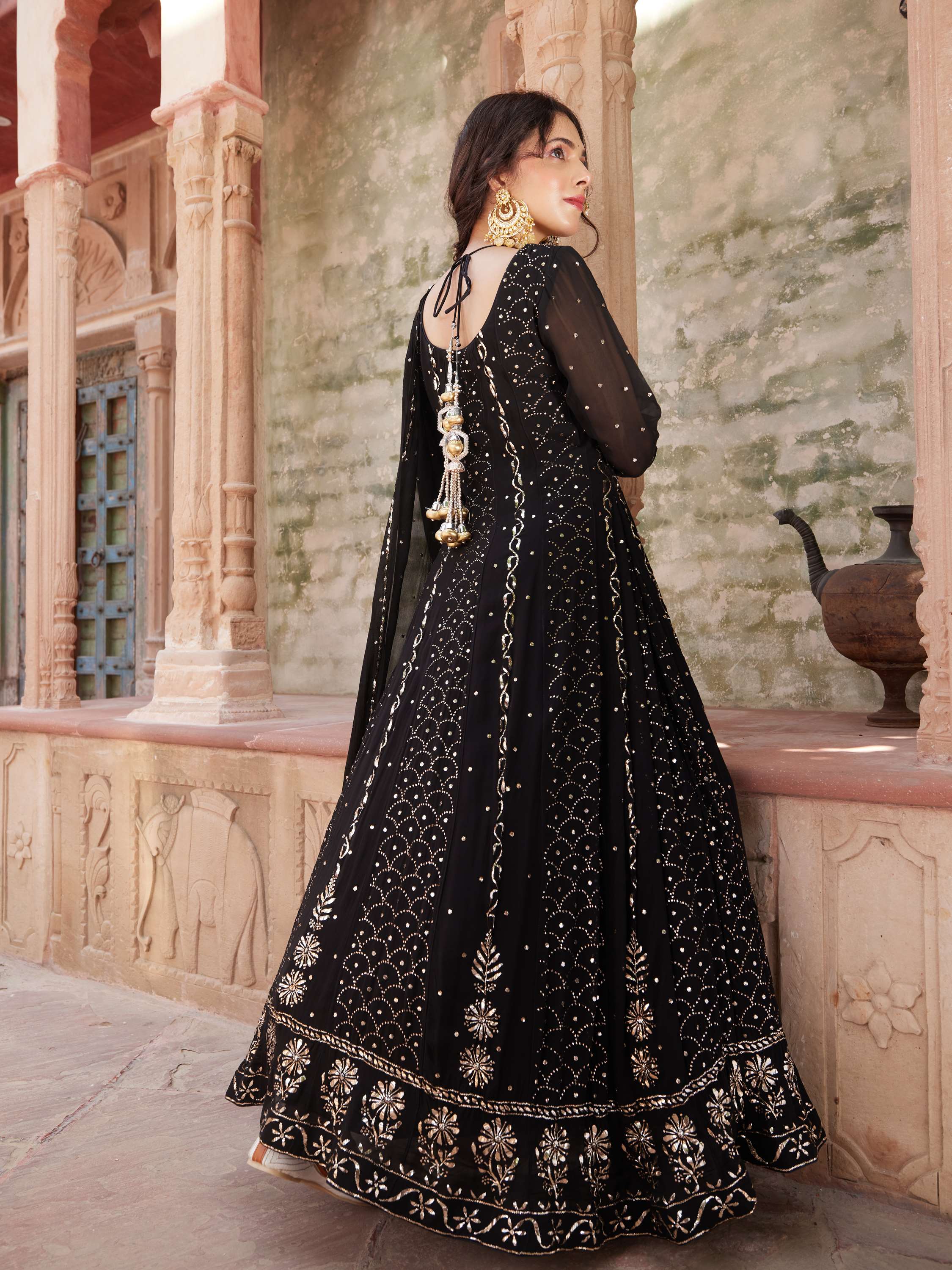 Black Handcrafted Badla Kamdani Chikan Anarkali Suit