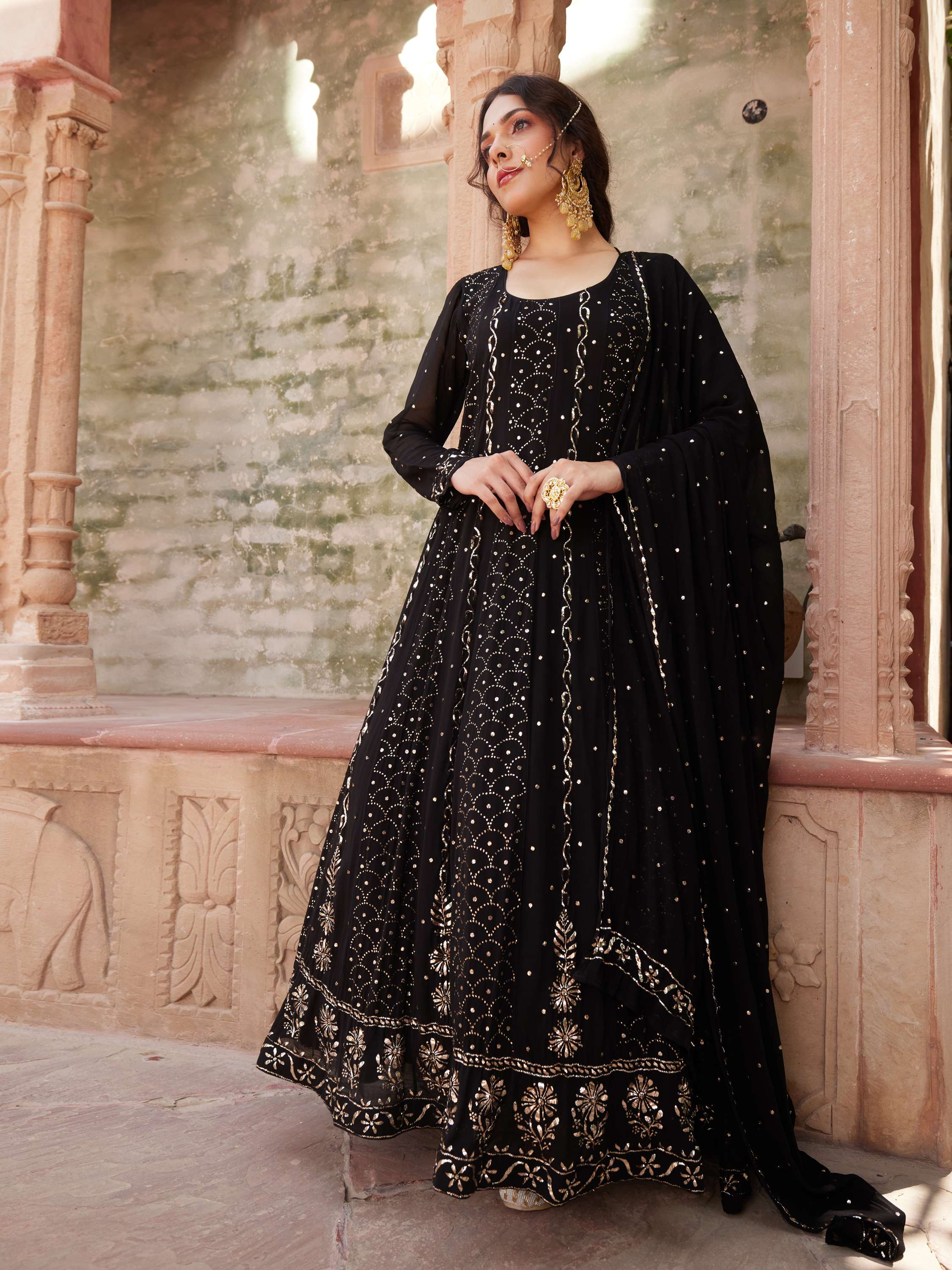 Black Handcrafted Badla Kamdani Chikan Anarkali Suit