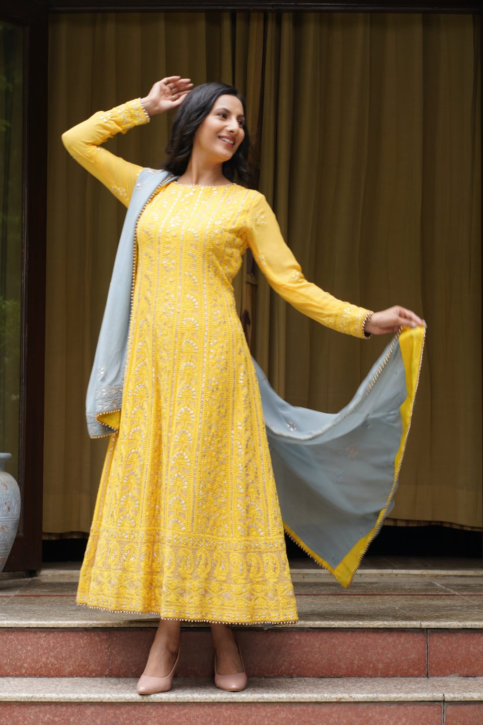 Mustard Handcrafted Chikankari Anarkali set with Gota Patti work