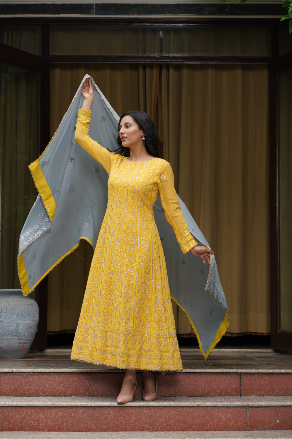Mustard Handcrafted Chikankari Anarkali set with Gota Patti work