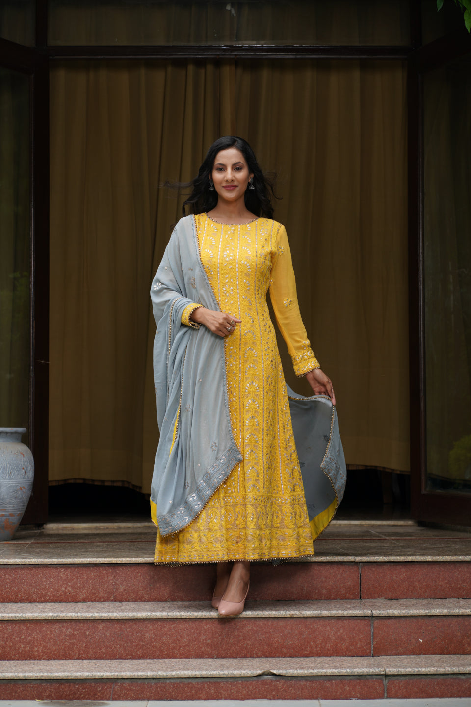 Mustard Handcrafted Chikankari Anarkali set with Gota Patti work