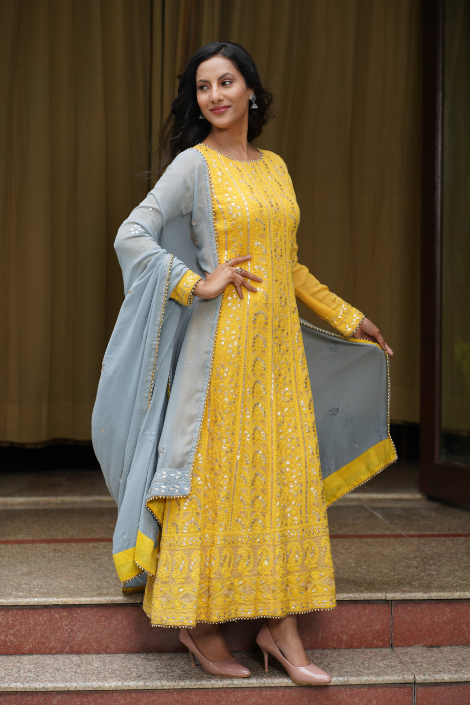 Mustard Handcrafted Chikankari Anarkali set with Gota Patti work