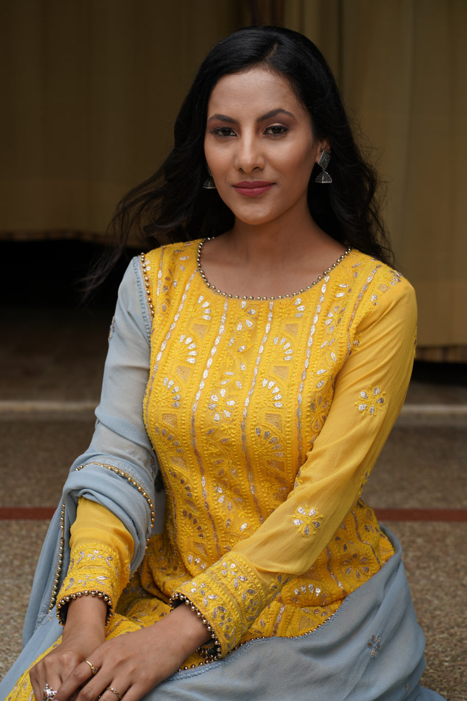 Mustard Handcrafted Chikankari Anarkali set with Gota Patti work