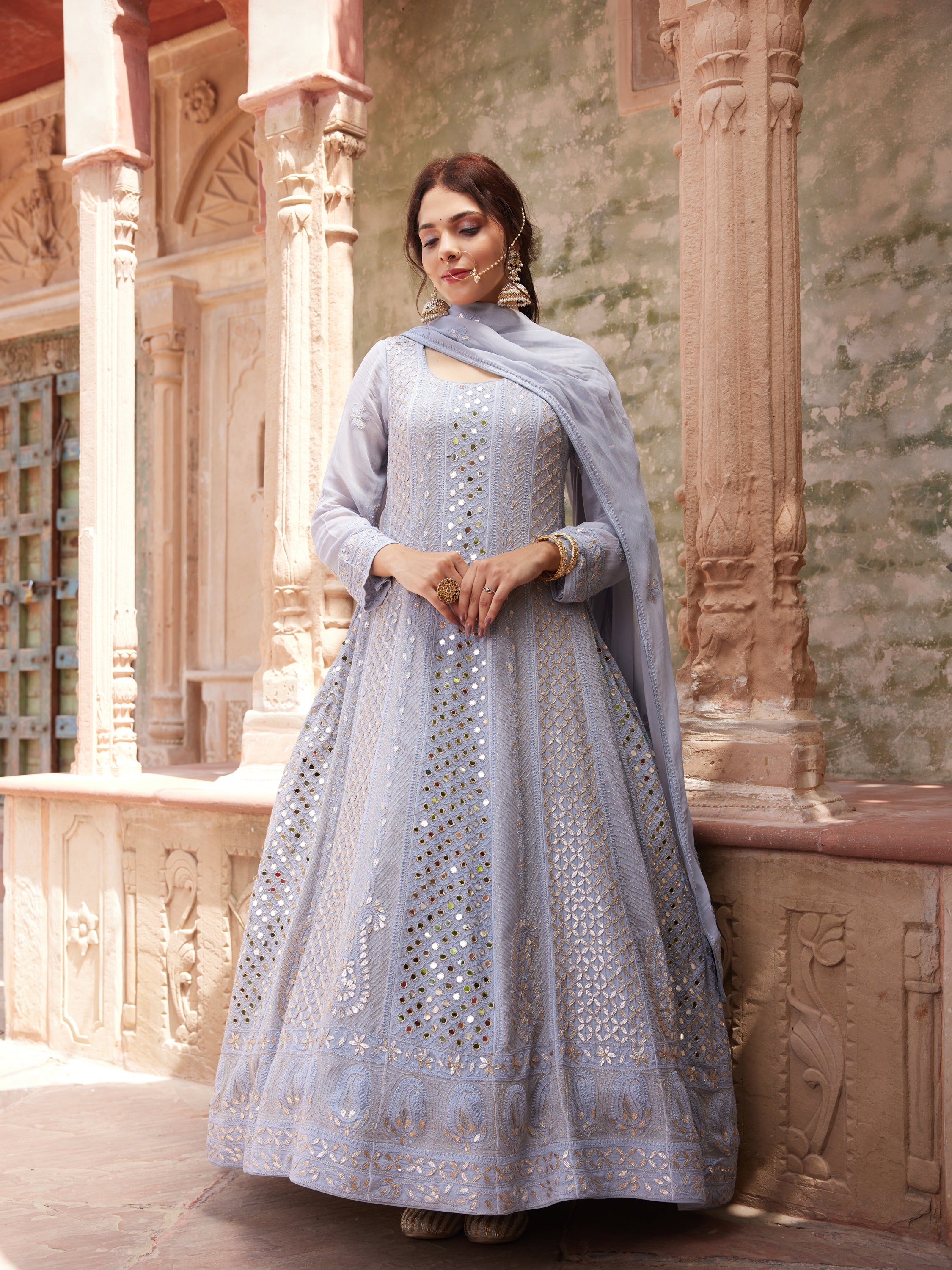 Powder Grey Mirror & Gota Patti Lucknowi Chikankari handcrafted Anarkali Suit