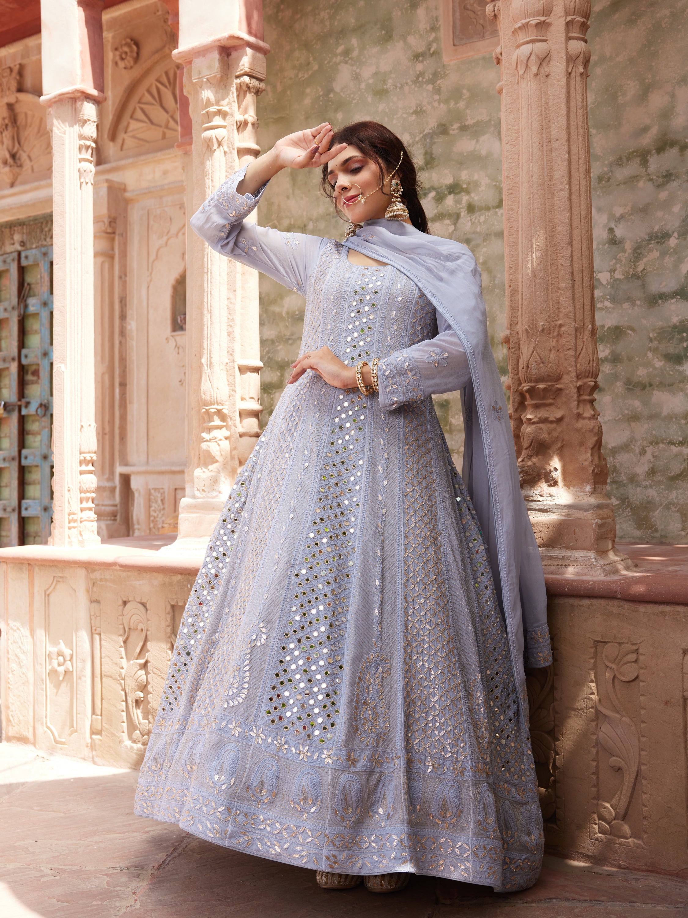 Powder Grey Mirror & Gota Patti Lucknowi Chikankari handcrafted Anarkali Suit