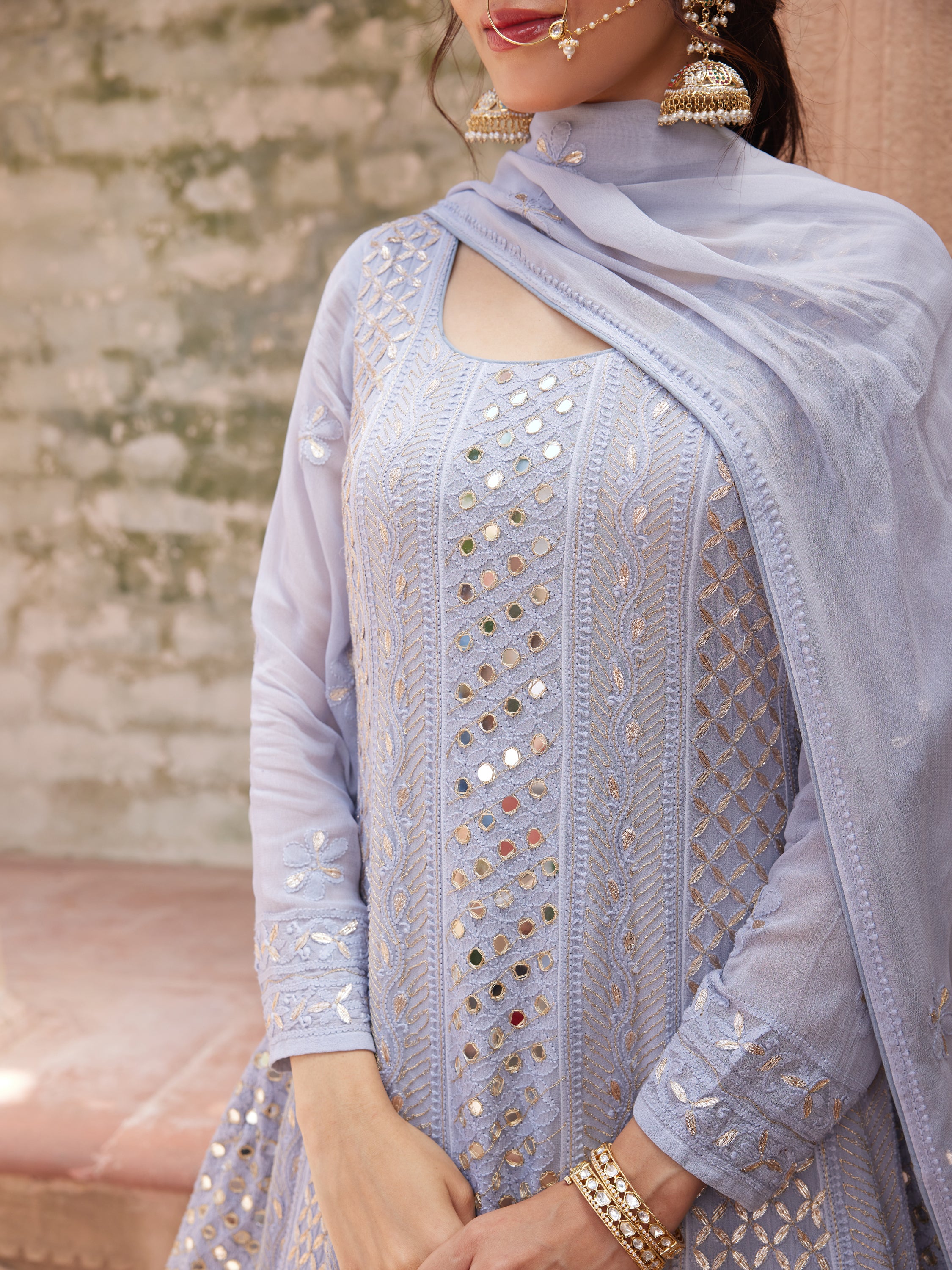 Powder Grey Mirror & Gota Patti Lucknowi Chikankari handcrafted Anarkali Suit