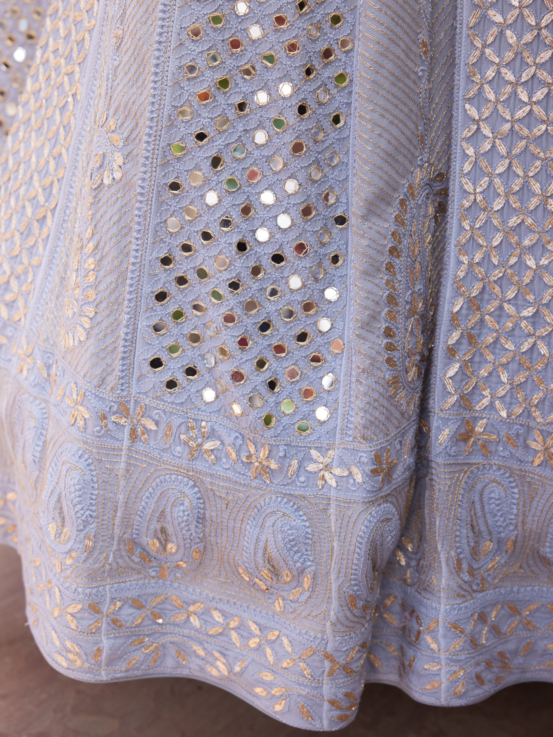 Powder Grey Mirror & Gota Patti Lucknowi Chikankari handcrafted Anarkali Suit