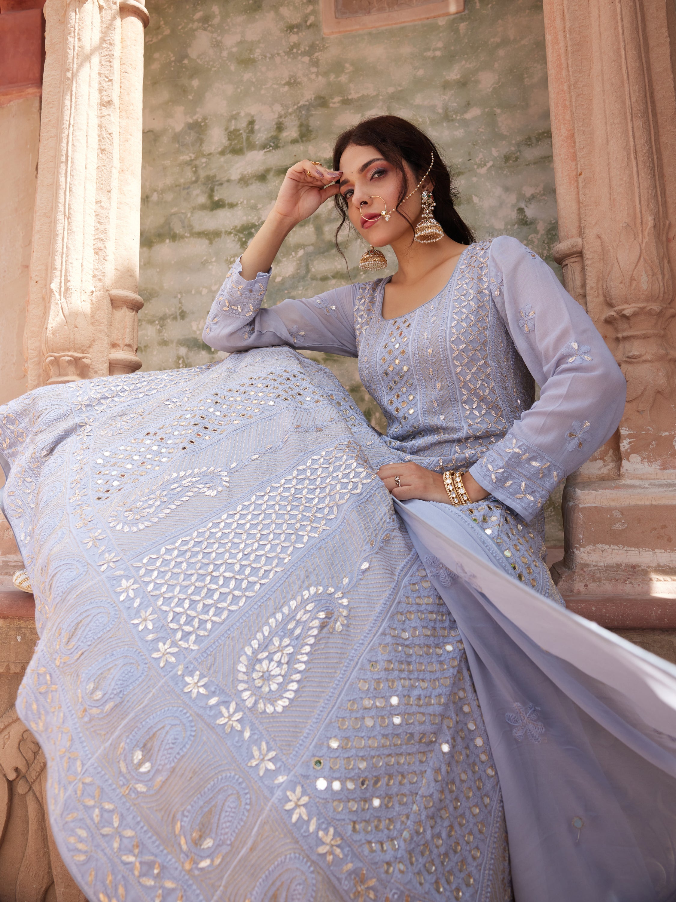 Powder Grey Mirror & Gota Patti Lucknowi Chikankari handcrafted Anarkali Suit