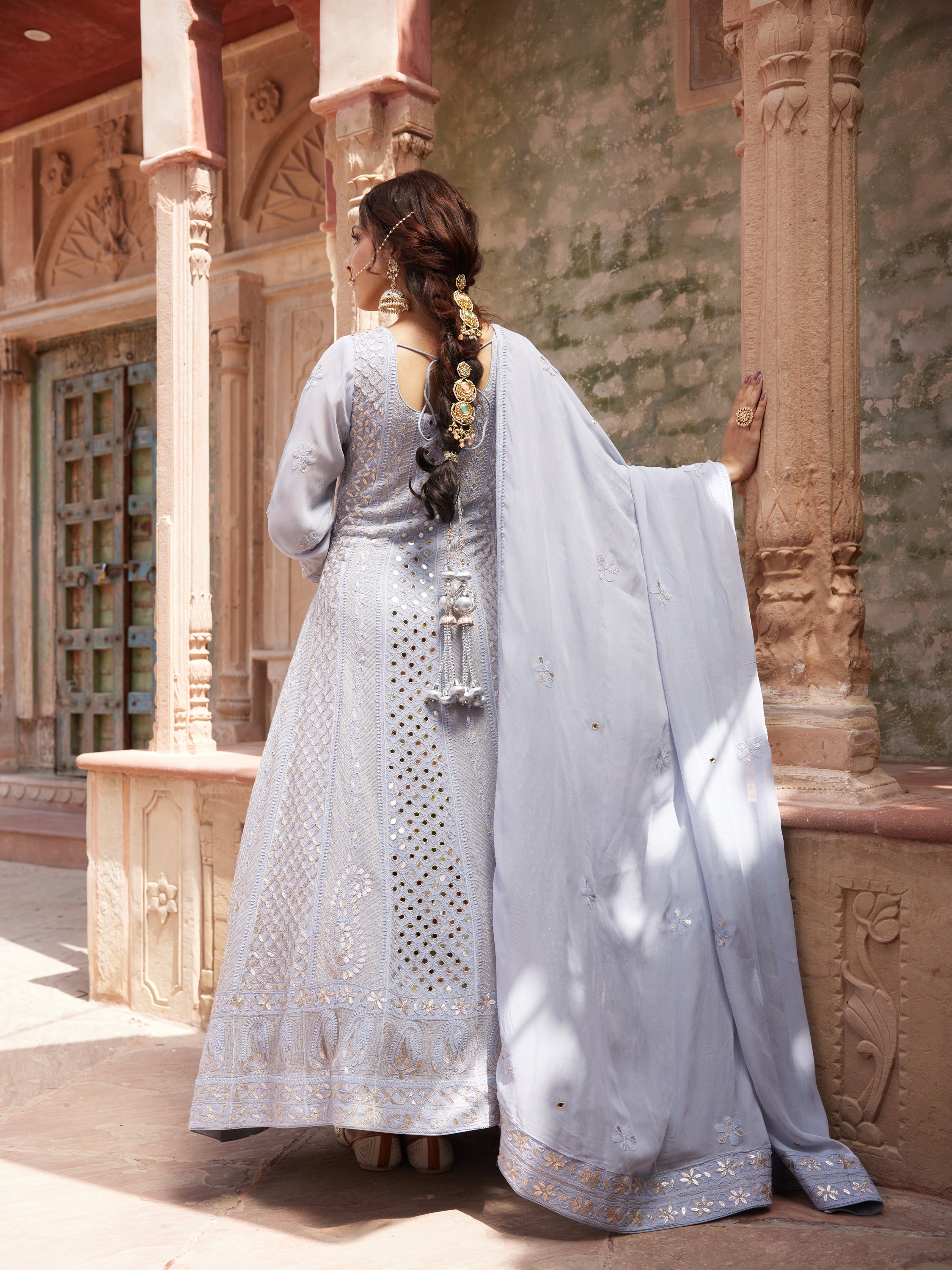 Powder Grey Mirror & Gota Patti Lucknowi Chikankari handcrafted Anarkali Suit