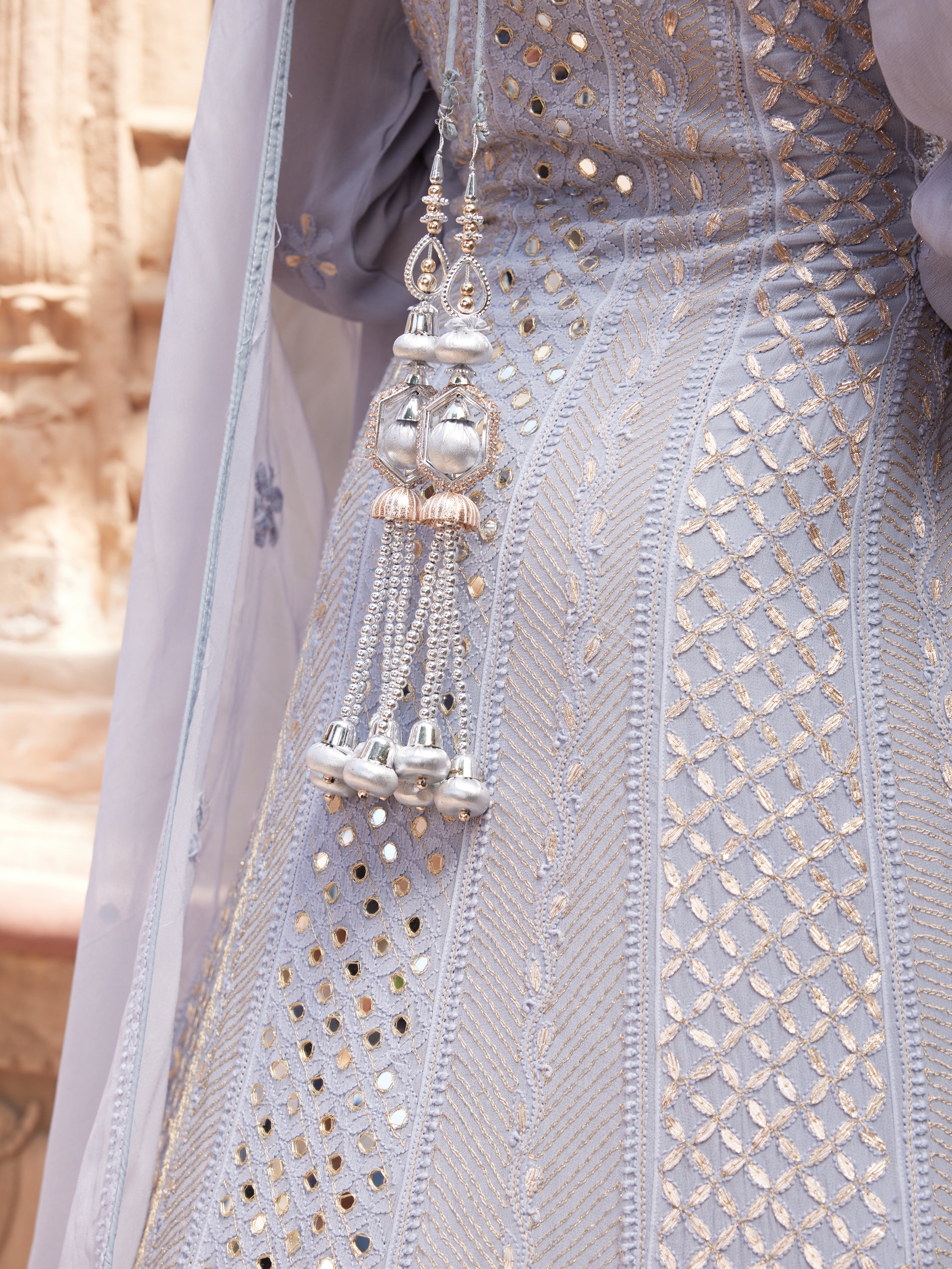 Powder Grey Mirror & Gota Patti Lucknowi Chikankari handcrafted Anarkali Suit