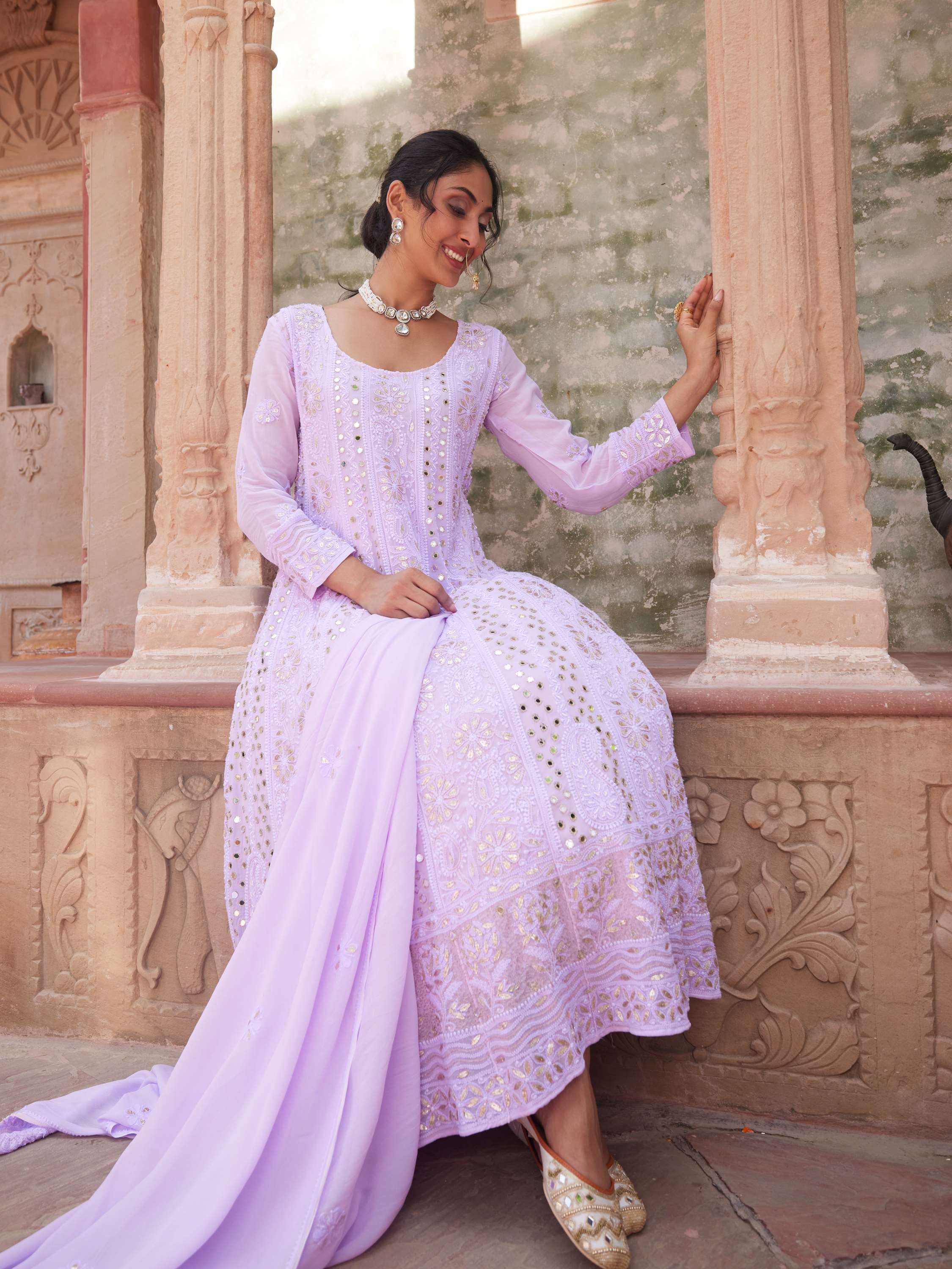Mauve Handcrafted Chikankari With Gota & Mirror Work Anarkali Set