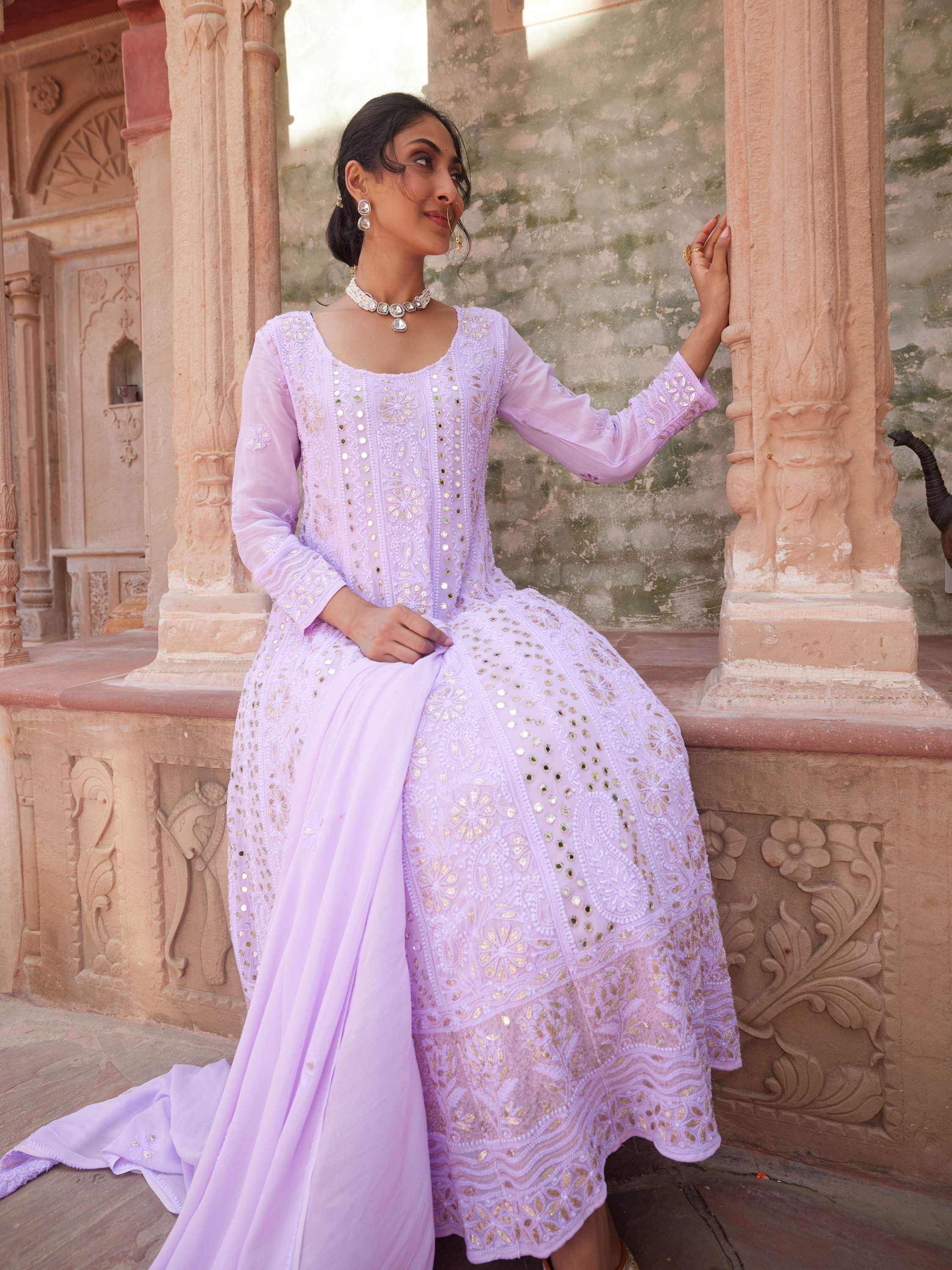 Mauve Handcrafted Chikankari With Gota & Mirror Work Anarkali Set