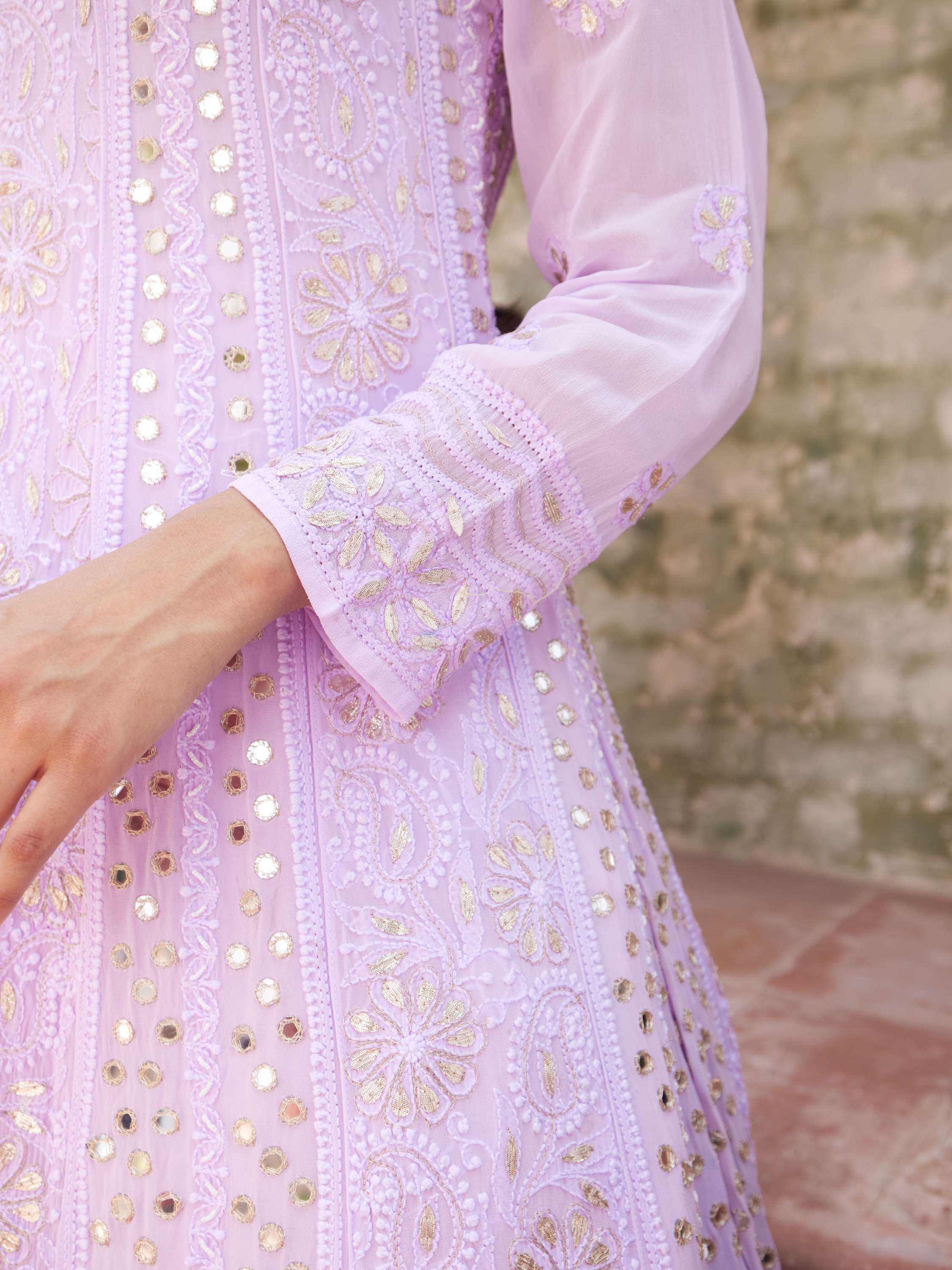 Mauve Handcrafted Chikankari With Gota & Mirror Work Anarkali Set
