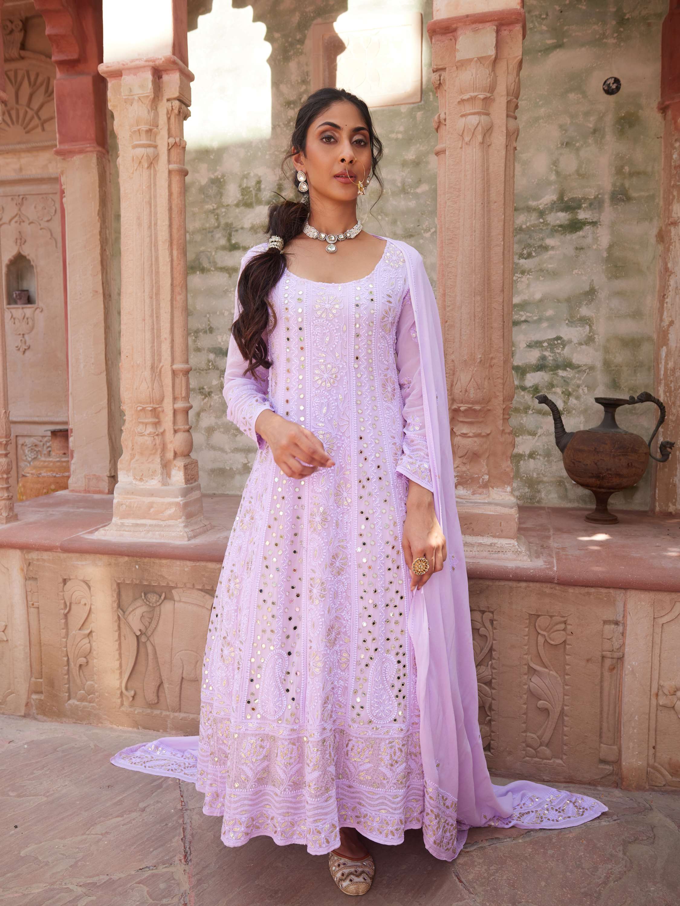 Mauve Handcrafted Chikankari With Gota & Mirror Work Anarkali Set