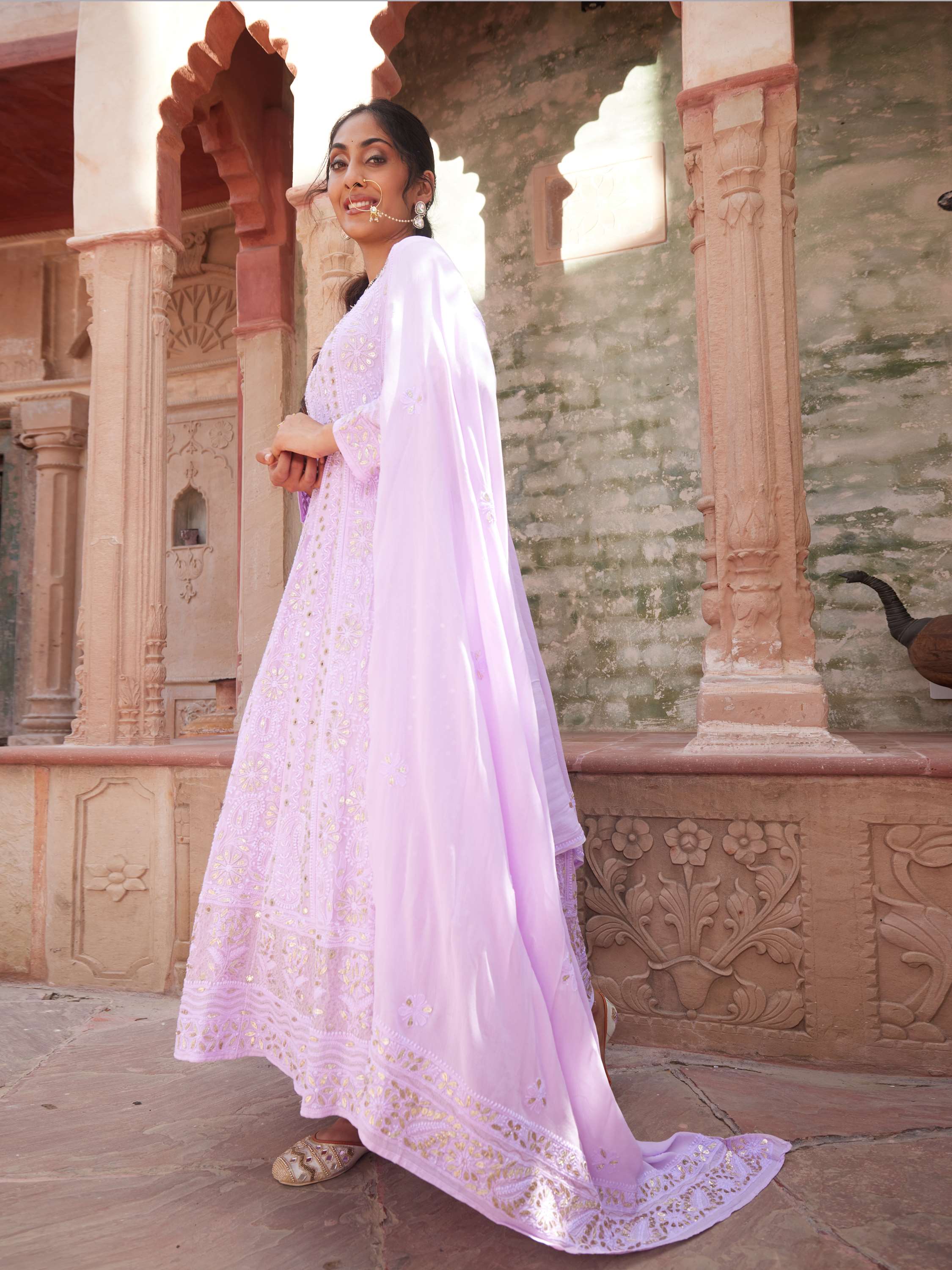 Mauve Handcrafted Chikankari With Gota & Mirror Work Anarkali Set