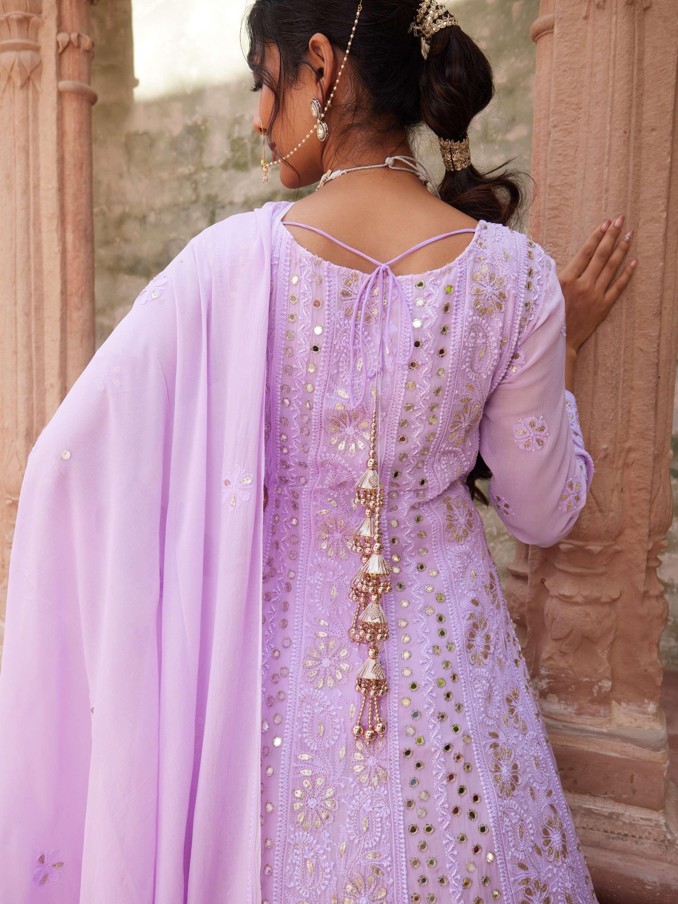 Mauve Handcrafted Chikankari With Gota & Mirror Work Anarkali Set