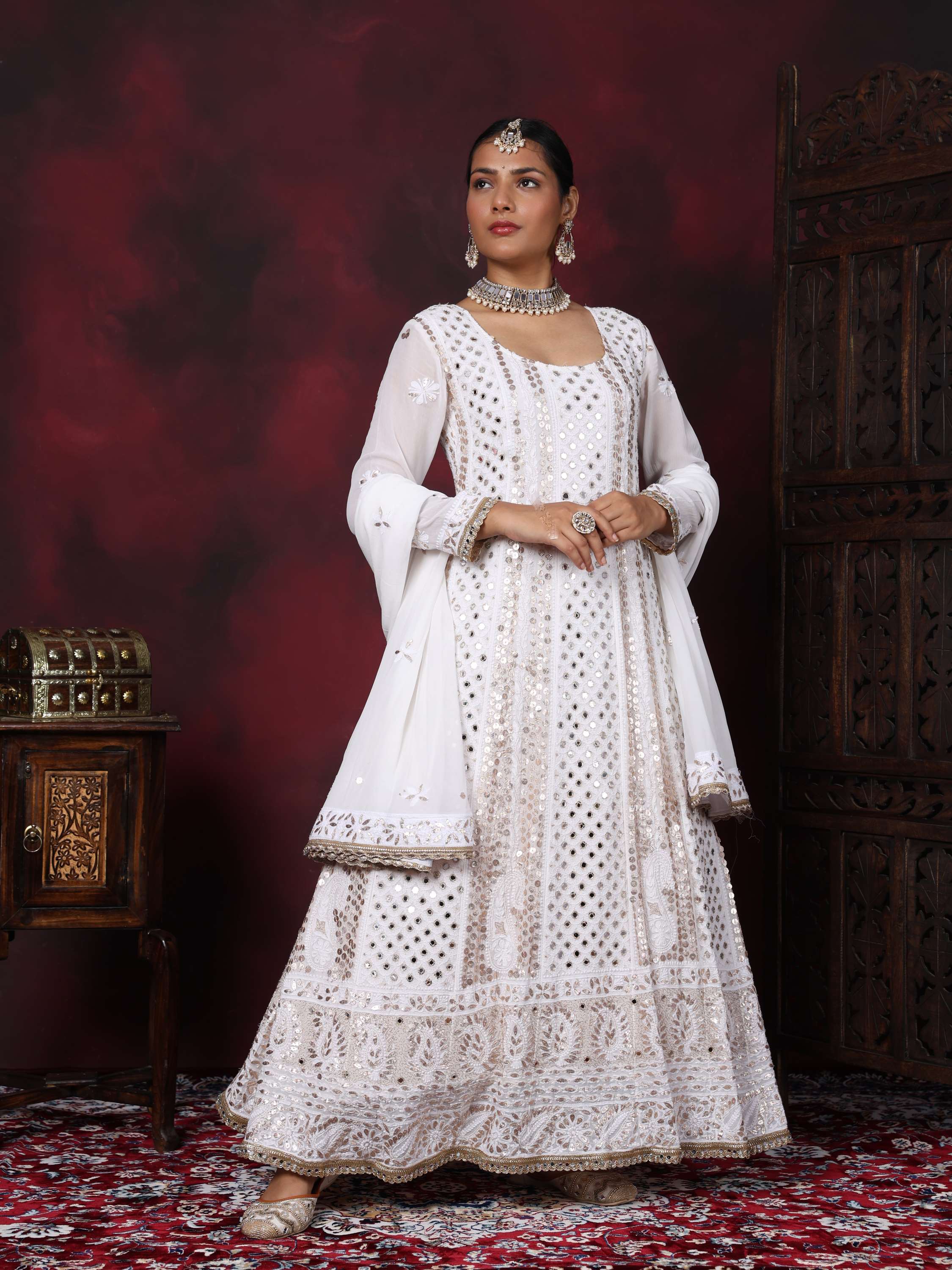 White Chikankari Handcrafted Gota Pati & Mirror Anarkali Set