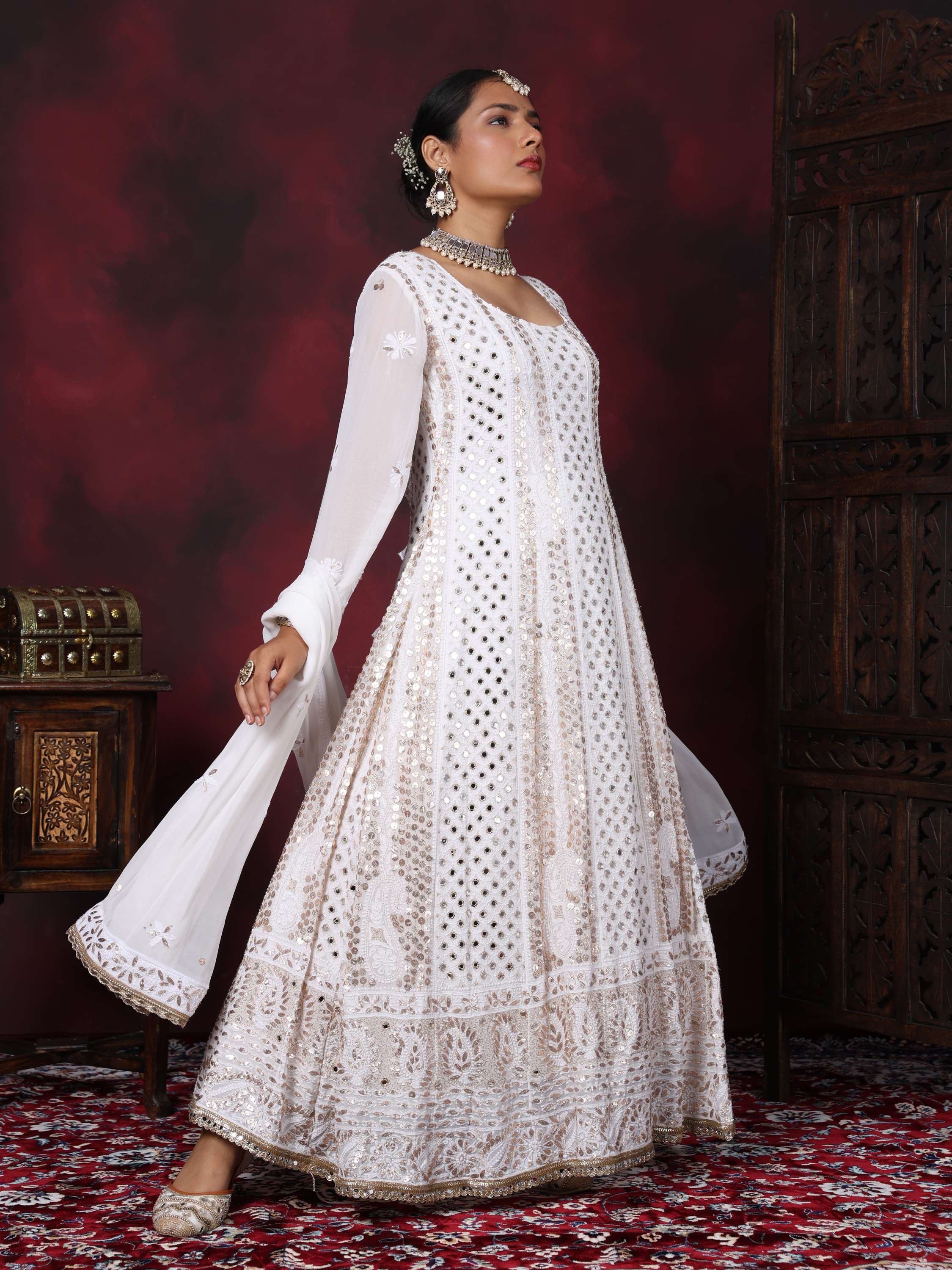 White Chikankari Handcrafted Gota Pati & Mirror Anarkali Set