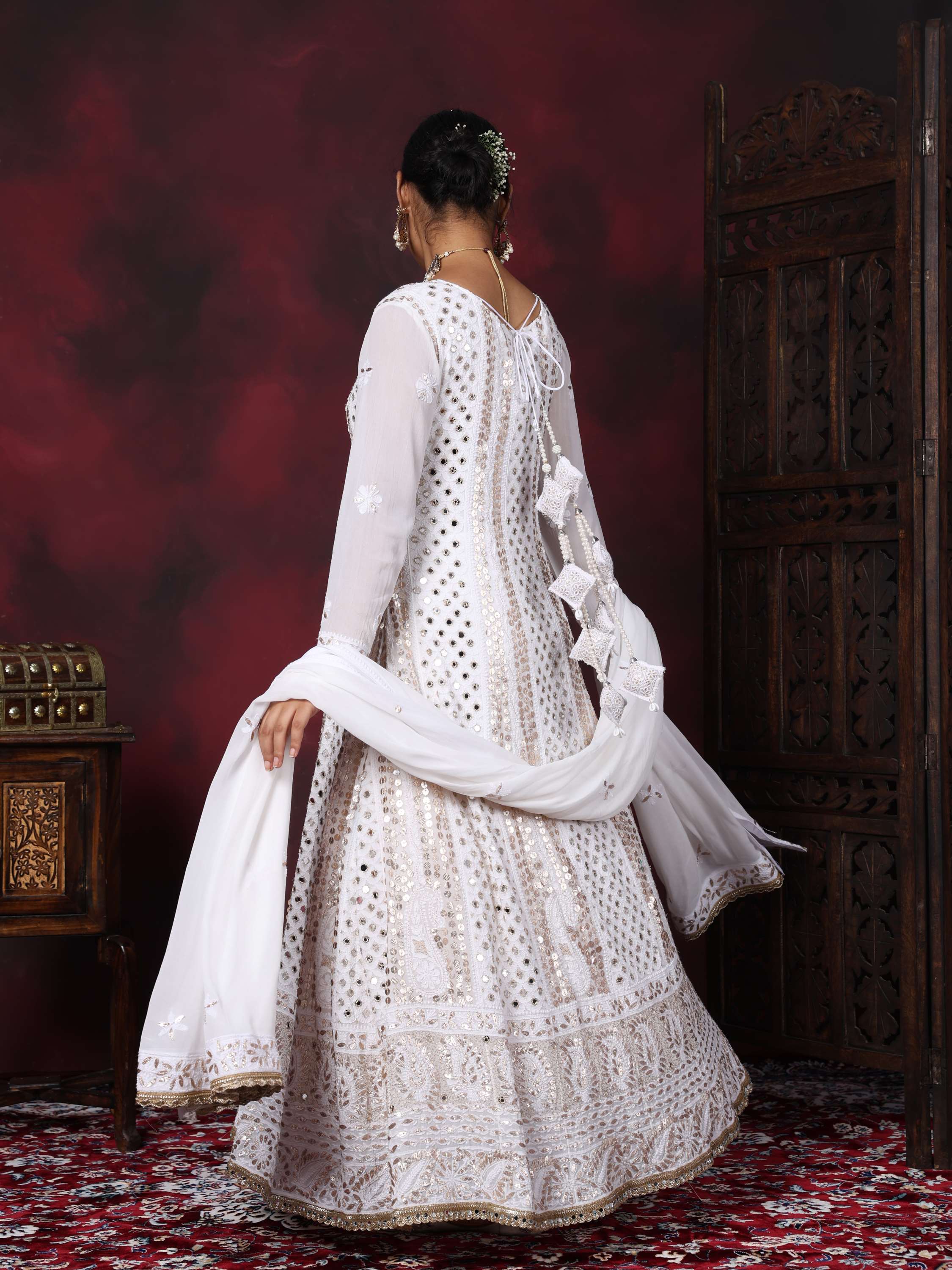 White Chikankari Handcrafted Gota Pati & Mirror Anarkali Set