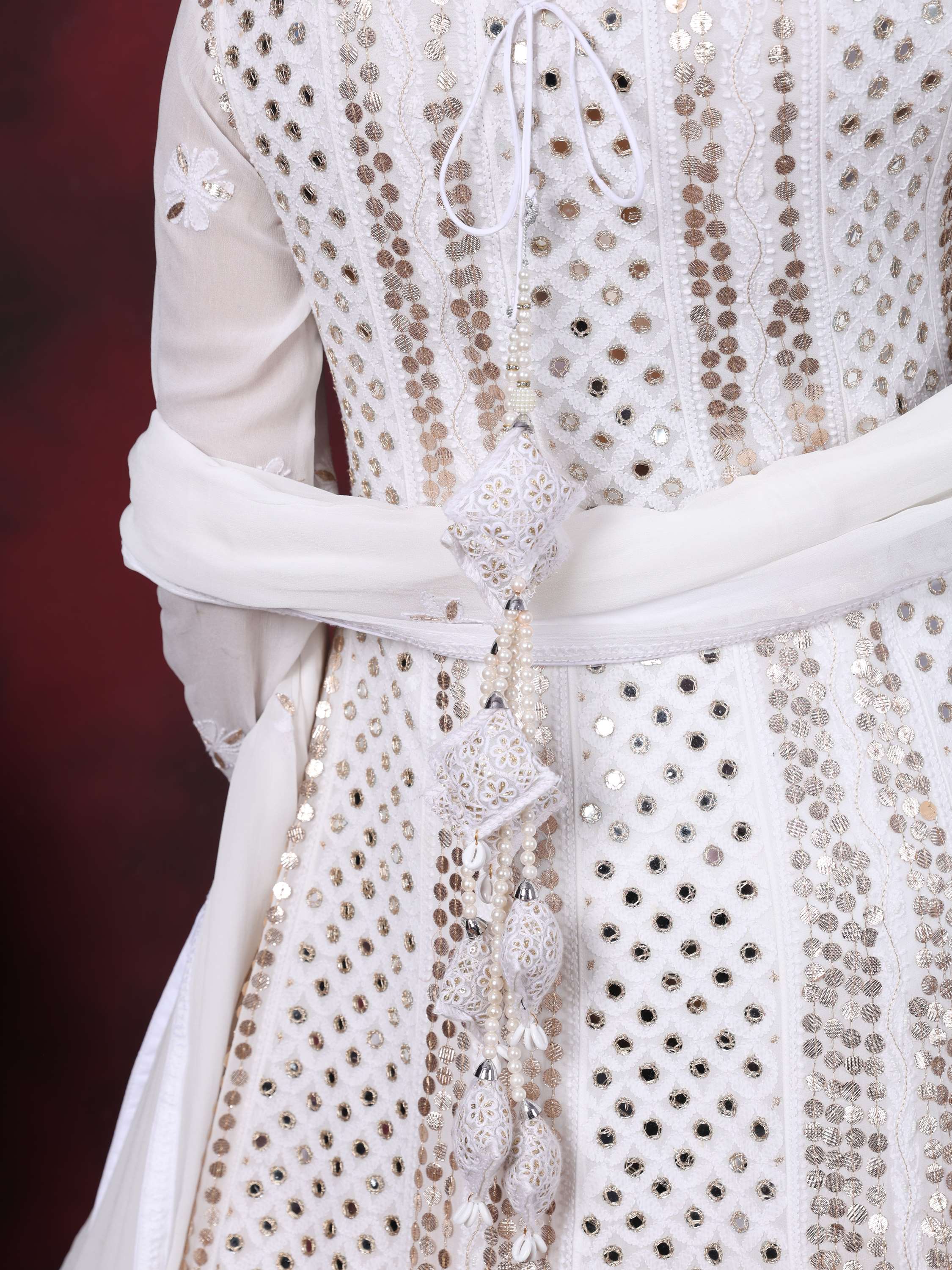 White Chikankari Handcrafted Gota Pati & Mirror Anarkali Set