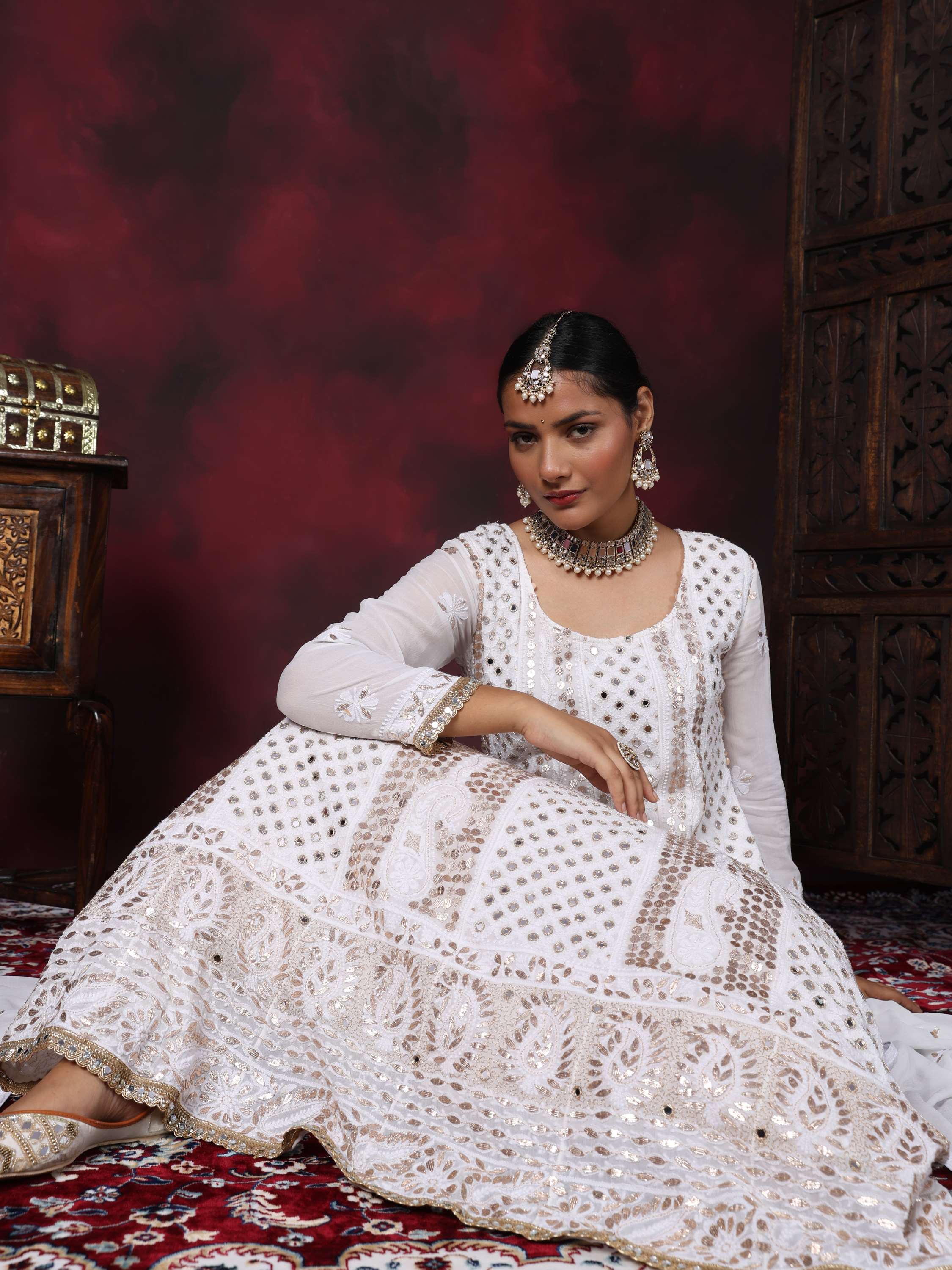 White Chikankari Handcrafted Gota Pati & Mirror Anarkali Set