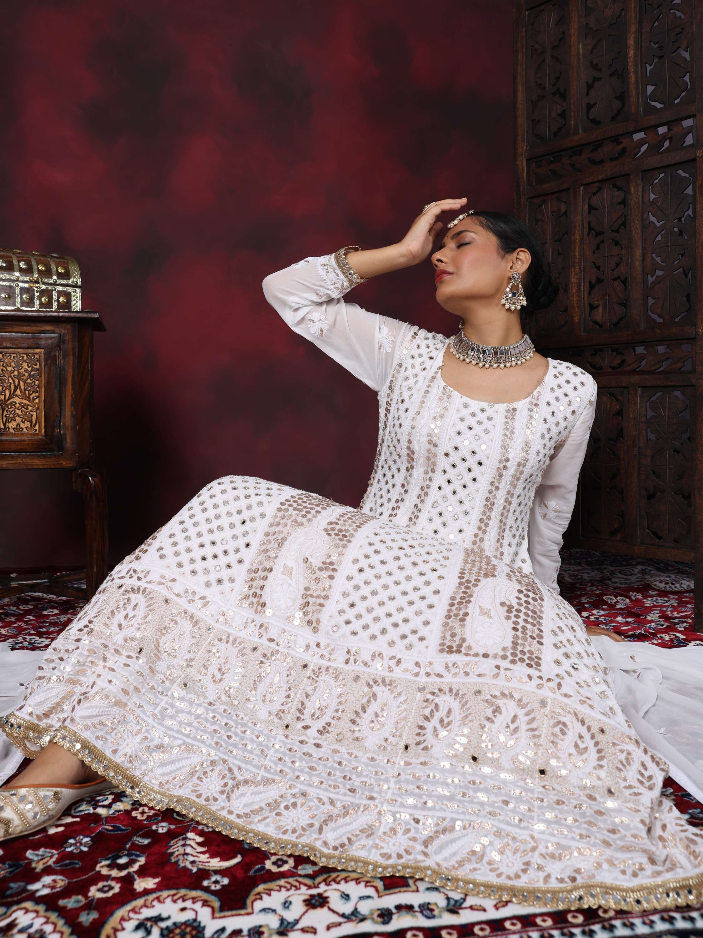 White Chikankari Handcrafted Gota Pati & Mirror Anarkali Set