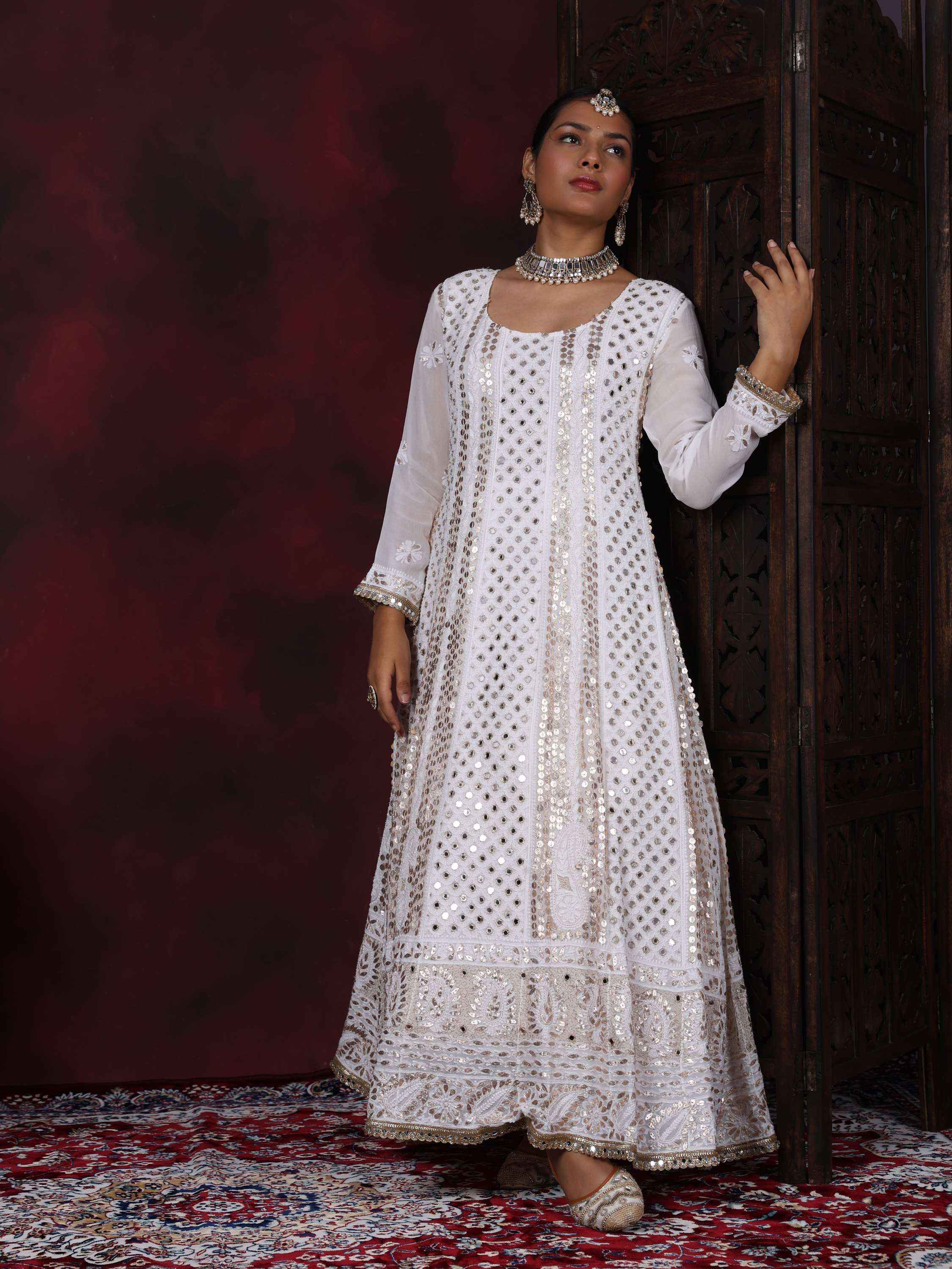 White Chikankari Handcrafted Gota Pati & Mirror Anarkali Set