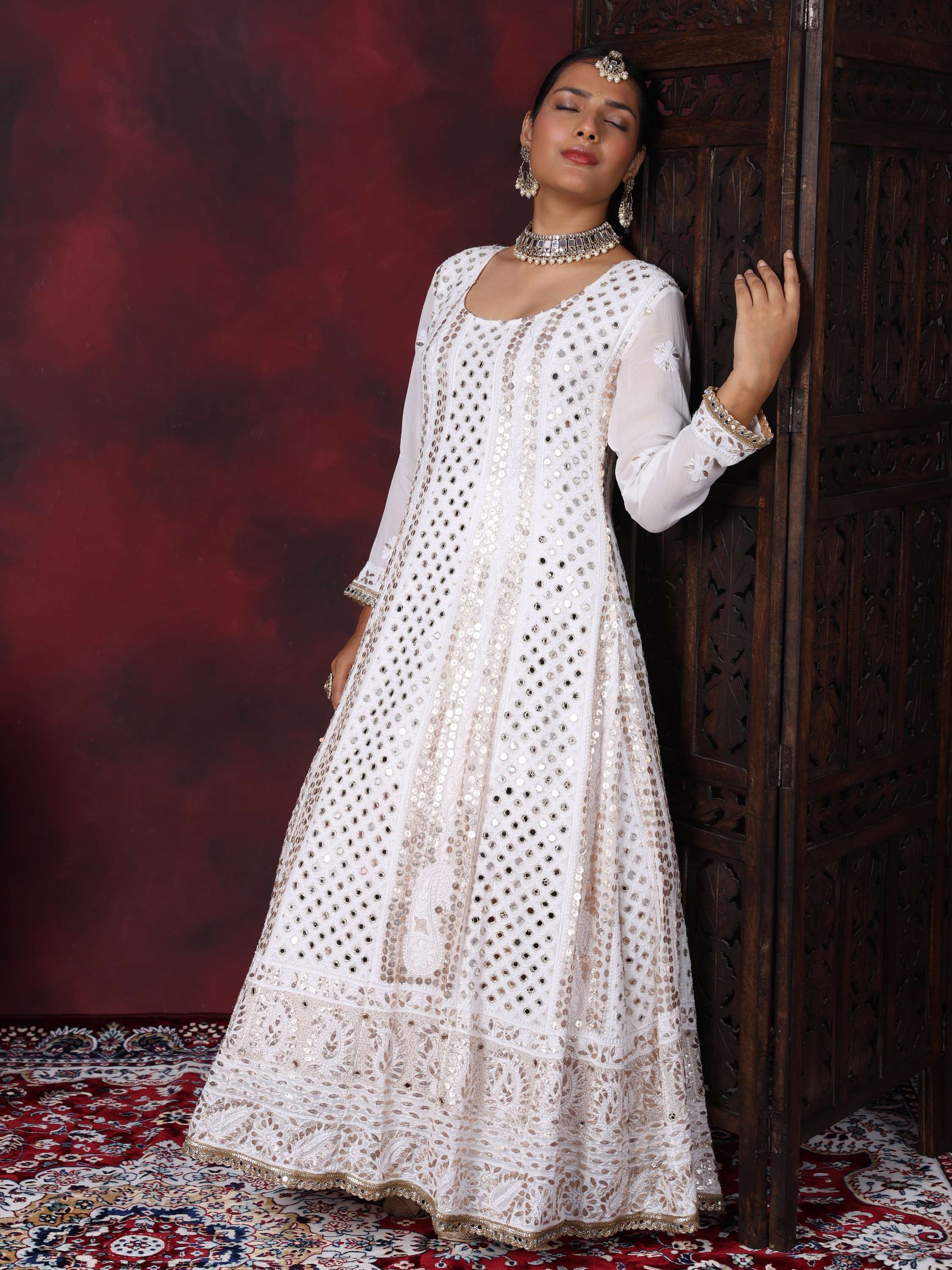 White Chikankari Handcrafted Gota Pati & Mirror Anarkali Set