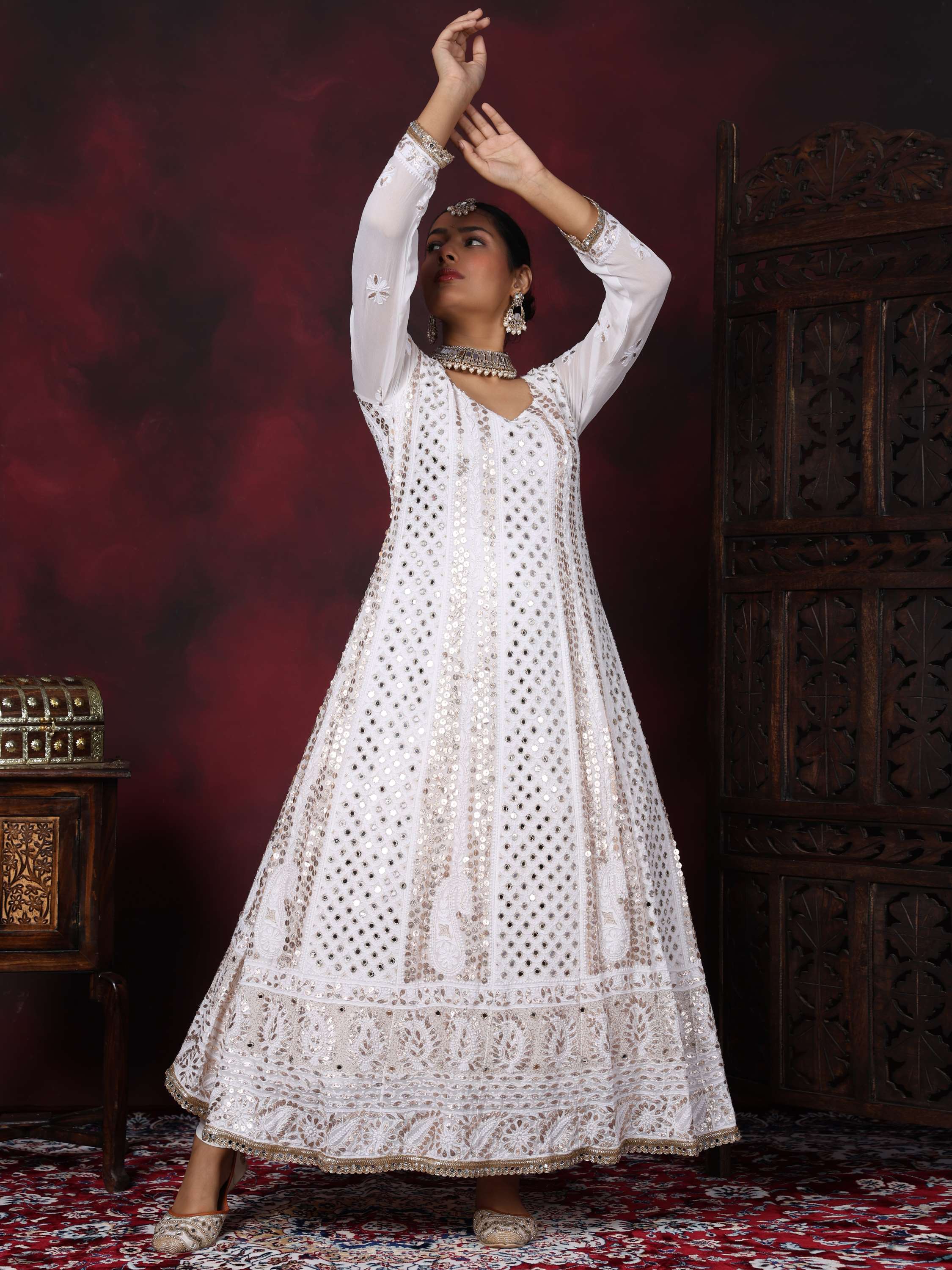 White Chikankari Handcrafted Gota Pati & Mirror Anarkali Set