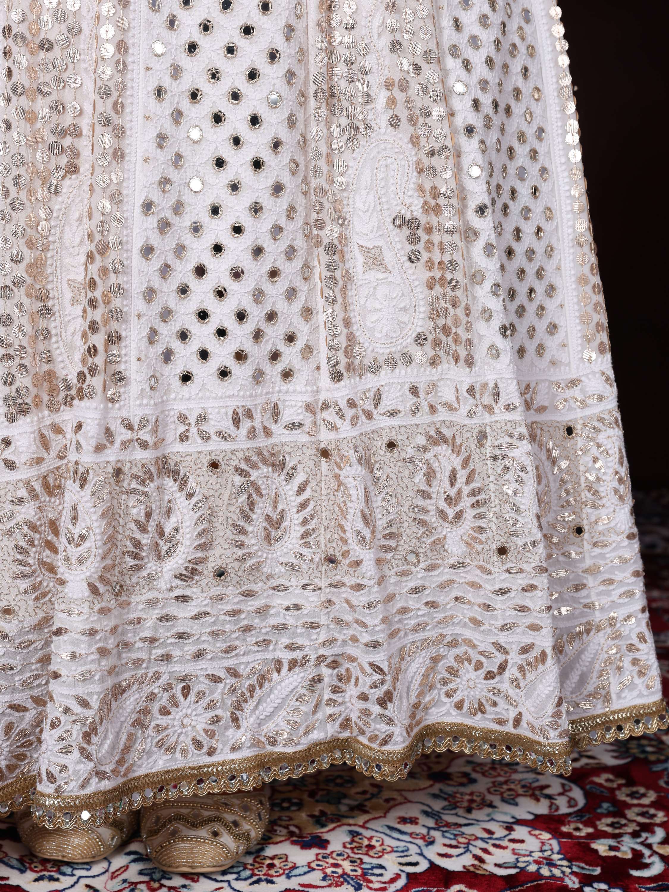 White Chikankari Handcrafted Gota Pati & Mirror Anarkali Set