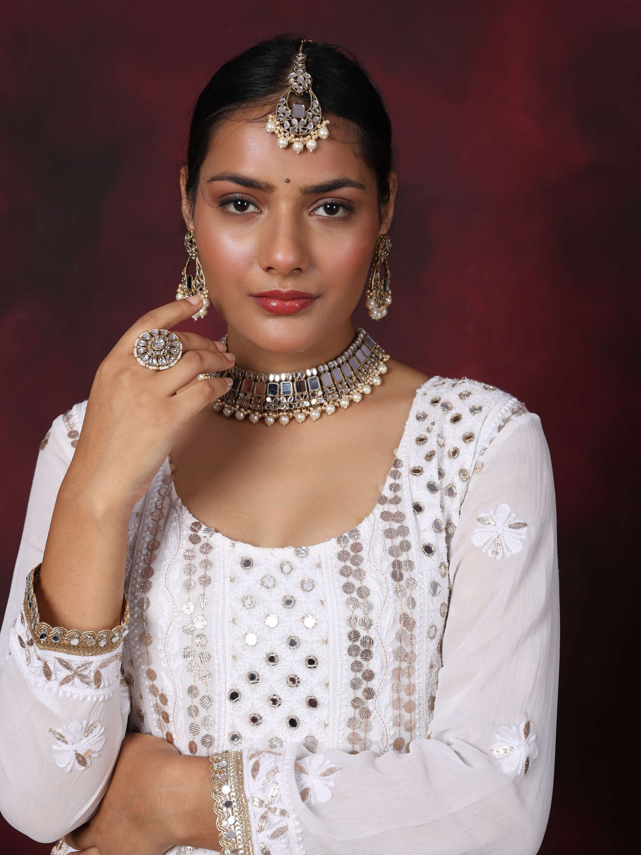 White Chikankari Handcrafted Gota Pati & Mirror Anarkali Set