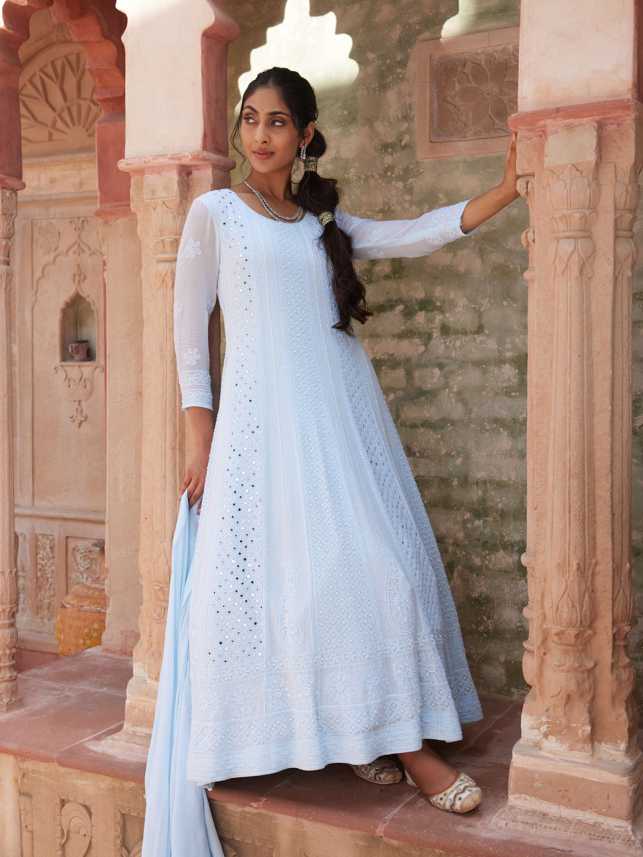 Irish Blue Chikankari Handcrafted Pearl Anarkali Set