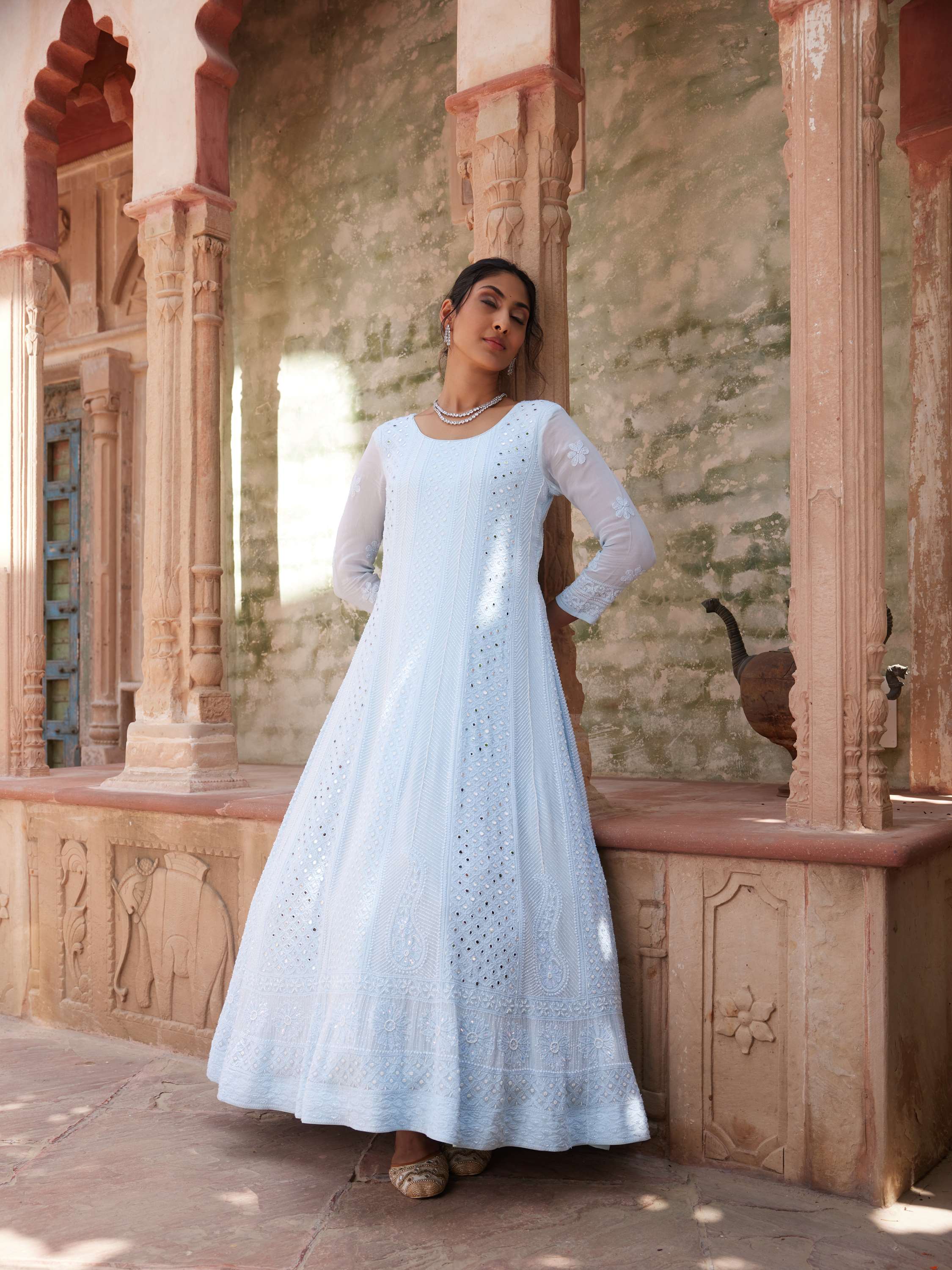 Irish Blue Chikankari Handcrafted Pearl Anarkali Set