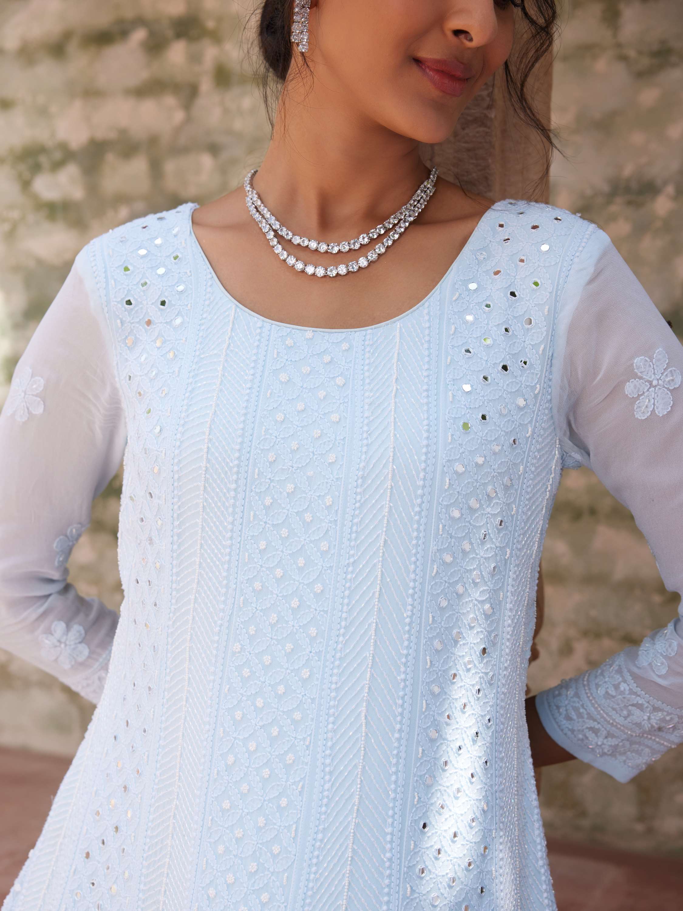 Irish Blue Chikankari Handcrafted Pearl Anarkali Set