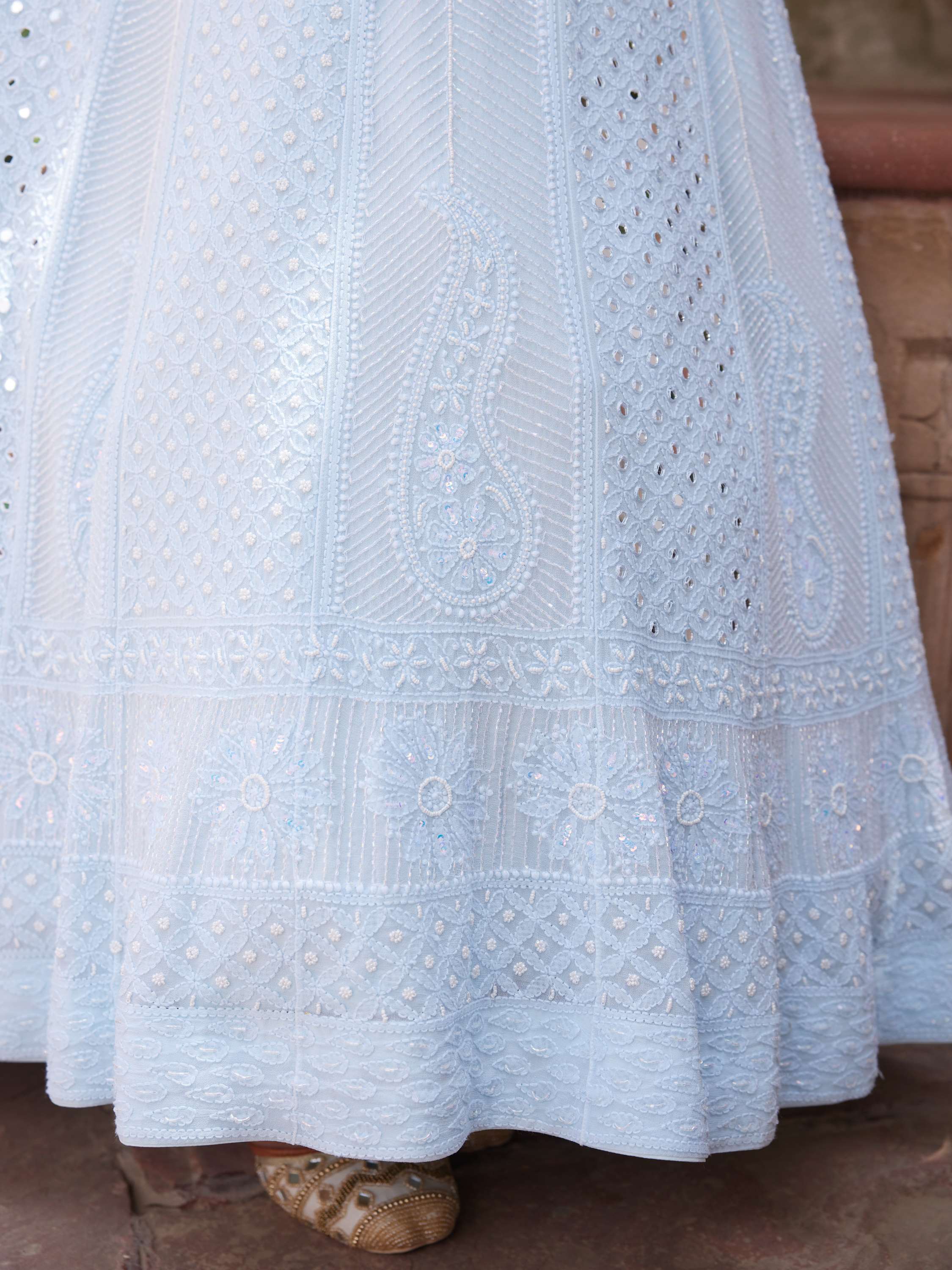 Irish Blue Chikankari Handcrafted Pearl Anarkali Set