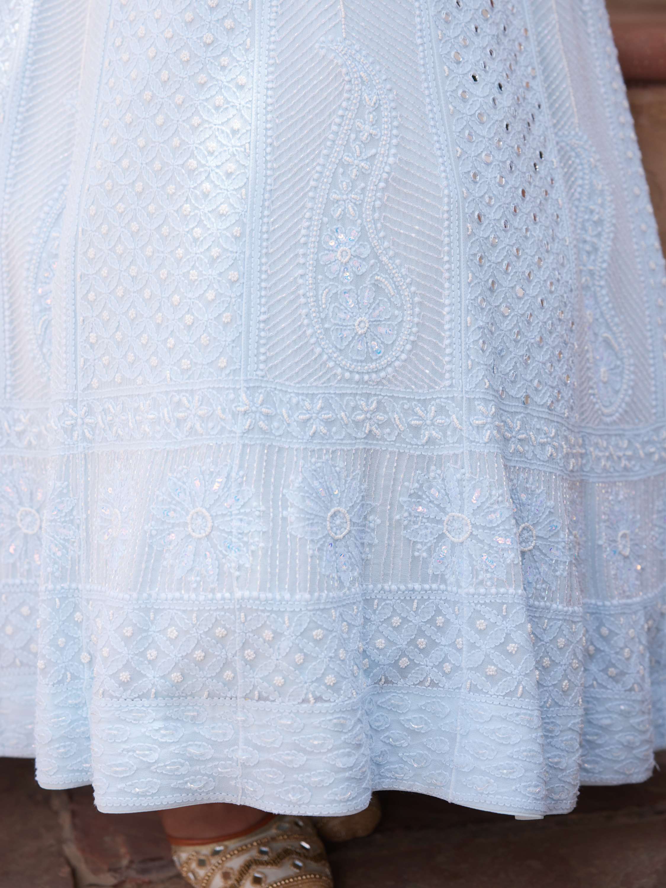 Irish Blue Chikankari Handcrafted Pearl Anarkali Set