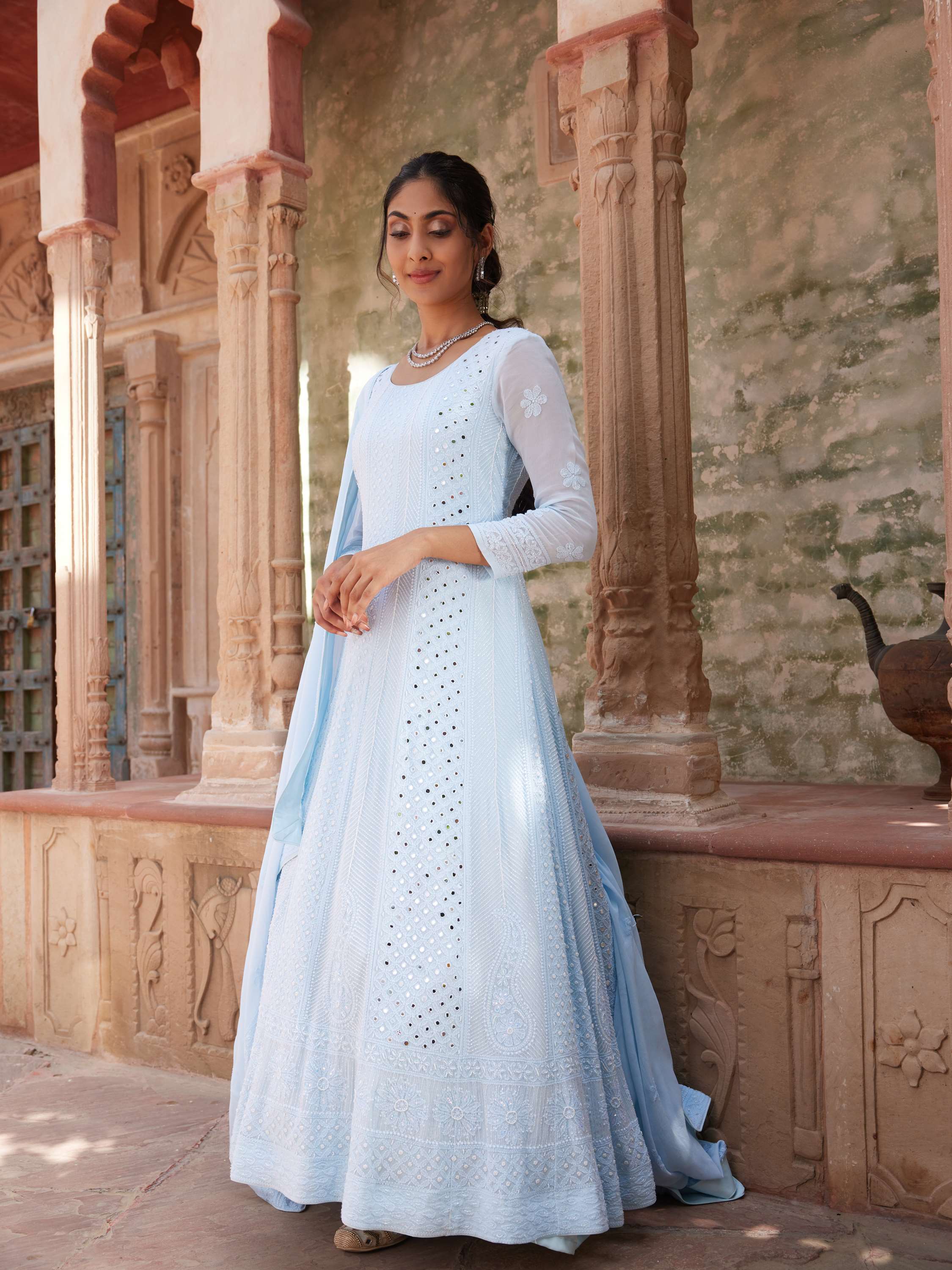 Irish Blue Chikankari Handcrafted Pearl Anarkali Set