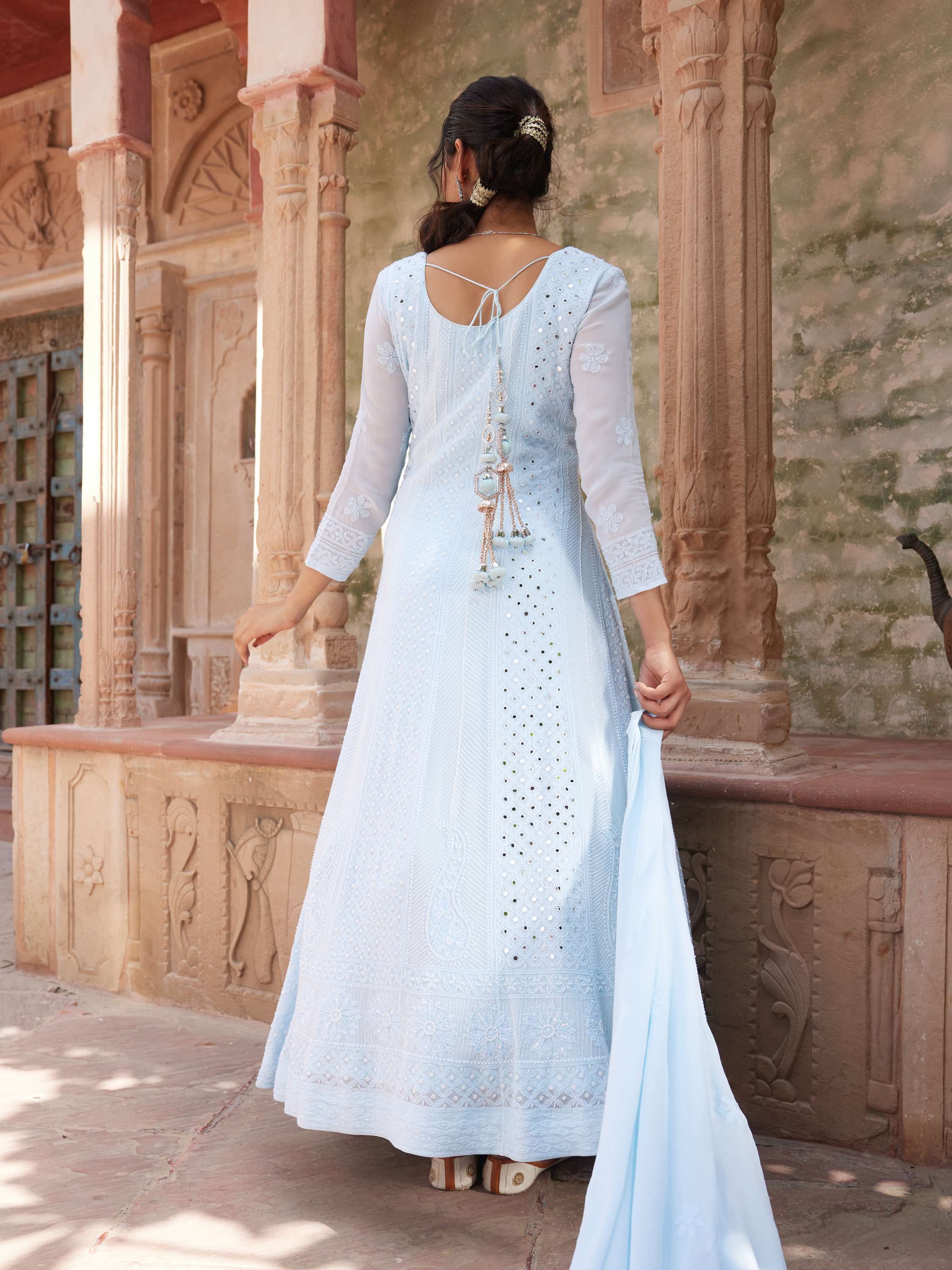 Irish Blue Chikankari Handcrafted Pearl Anarkali Set