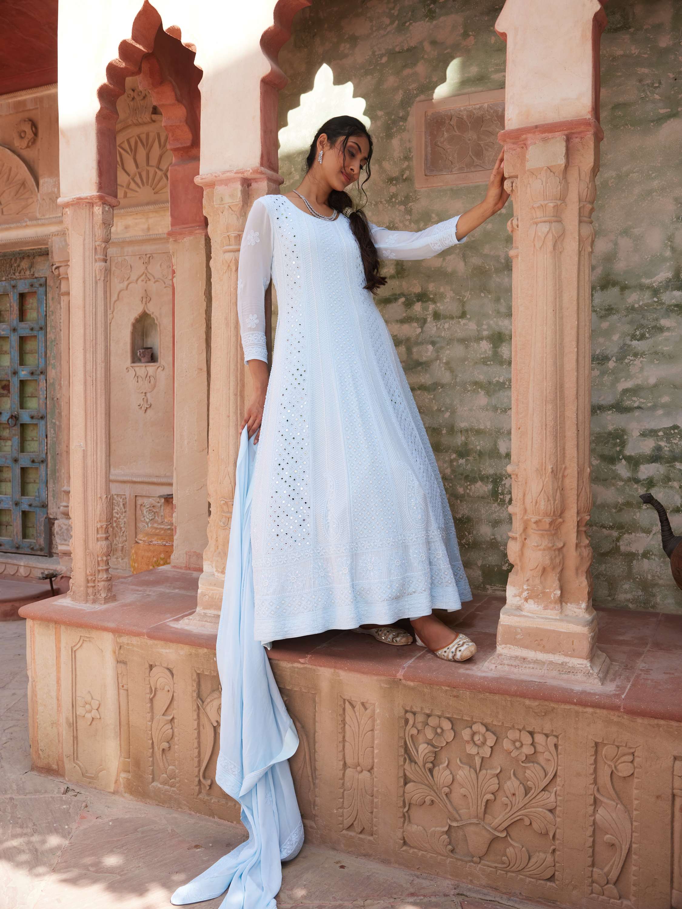 Irish Blue Chikankari Handcrafted Pearl Anarkali Set