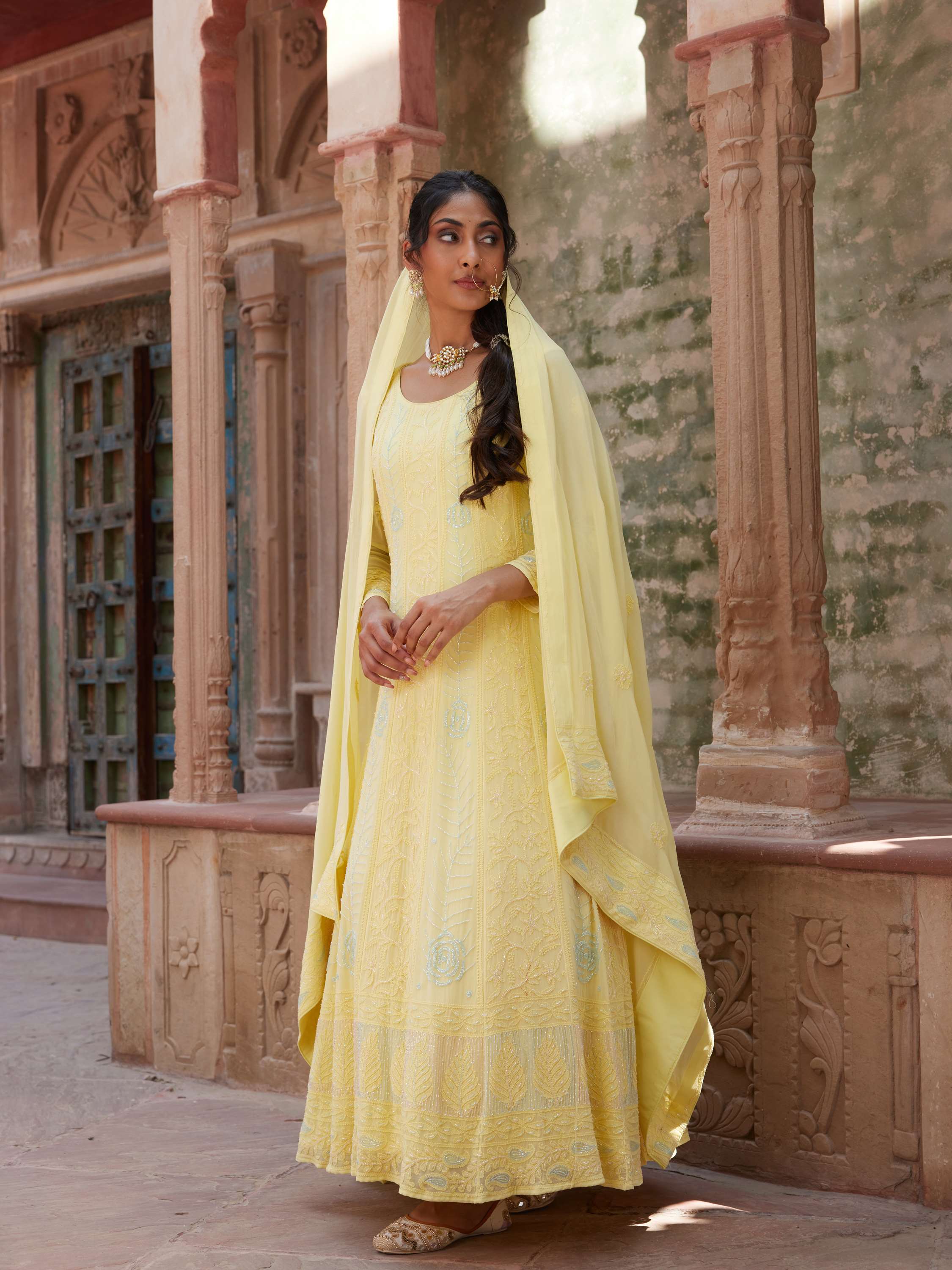 Lemon Handmade Chikankari Designer Pearl Work Anarkali Suit