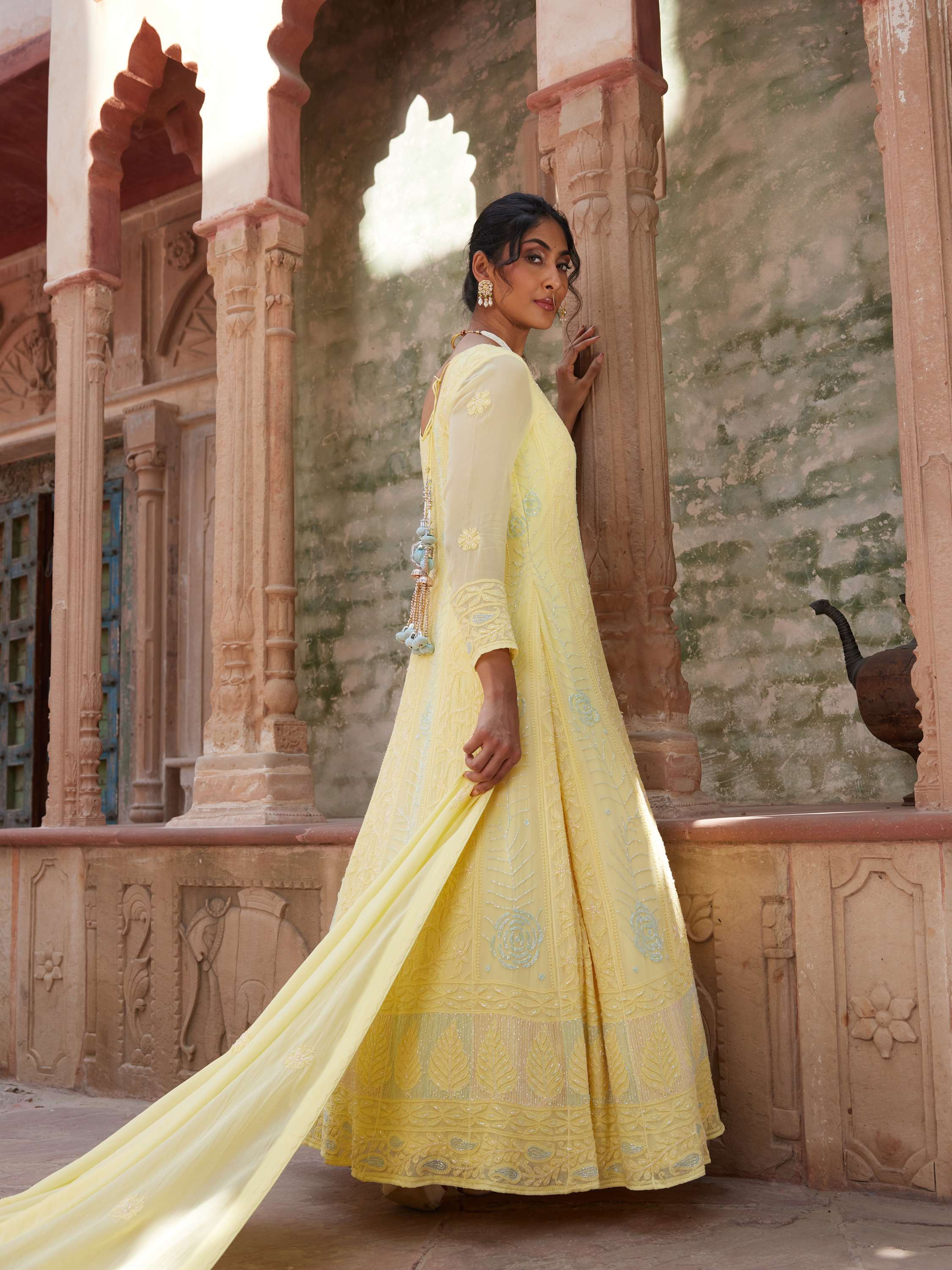Lemon Handmade Chikankari Designer Pearl Work Anarkali Suit