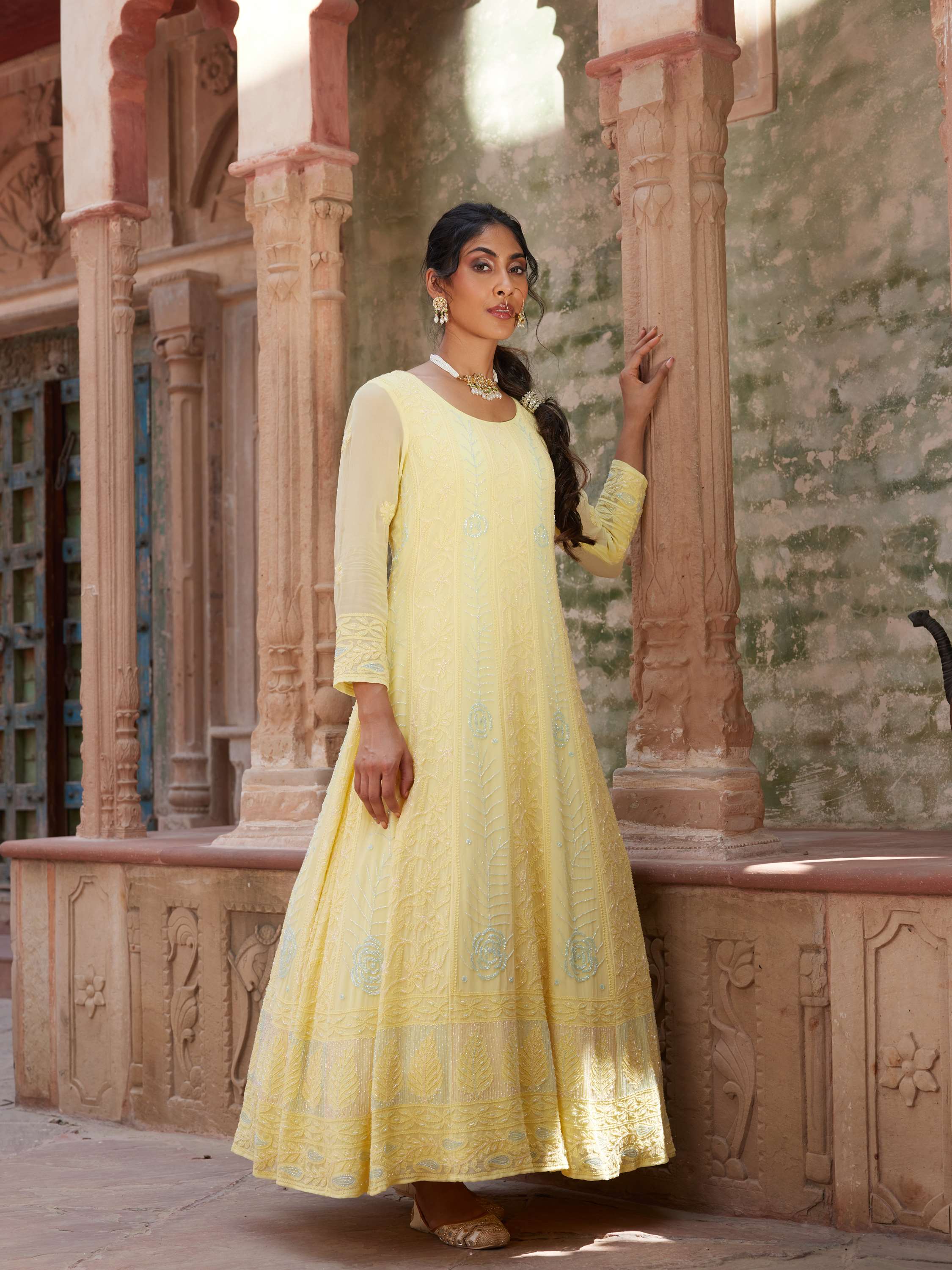 Lemon Handmade Chikankari Designer Pearl Work Anarkali Suit